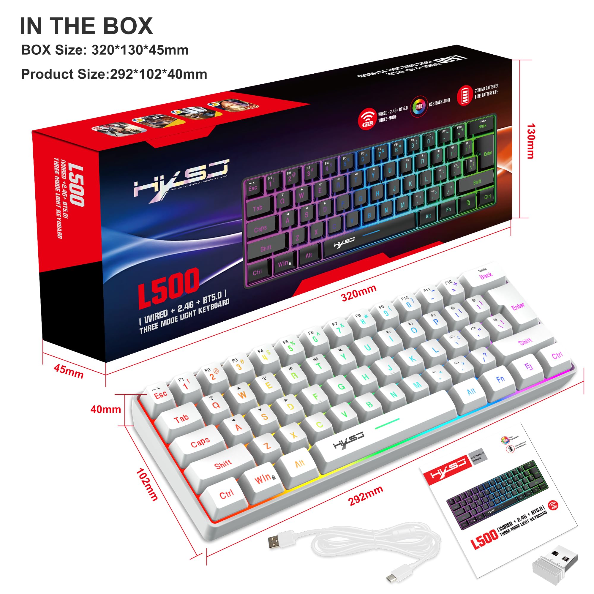 Tastiera Wireless Gaming, 61 Tasti Bluetooth 5.0 + 2.4G Dual-Mode Tastiera Retroilluminata Arcobaleno Ergonomica Piccola al 60% con Batteria Ricaricabile per Windows Mac PC PS4 Gamer, Bianca