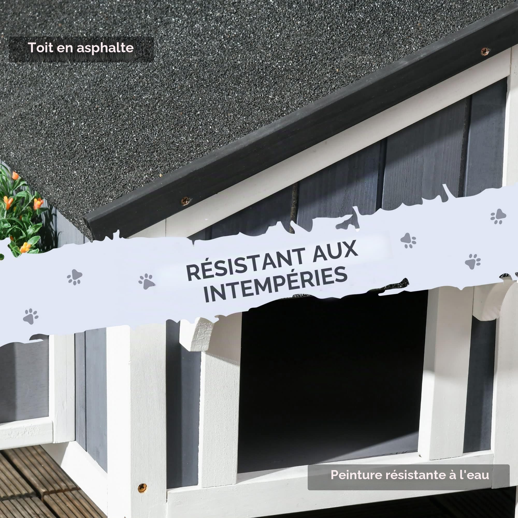 PawHut Maison Chat extérieure en Bois Pot Fleurs fenêtres - Gris | Entrées multiples, toit résistant à l'eau