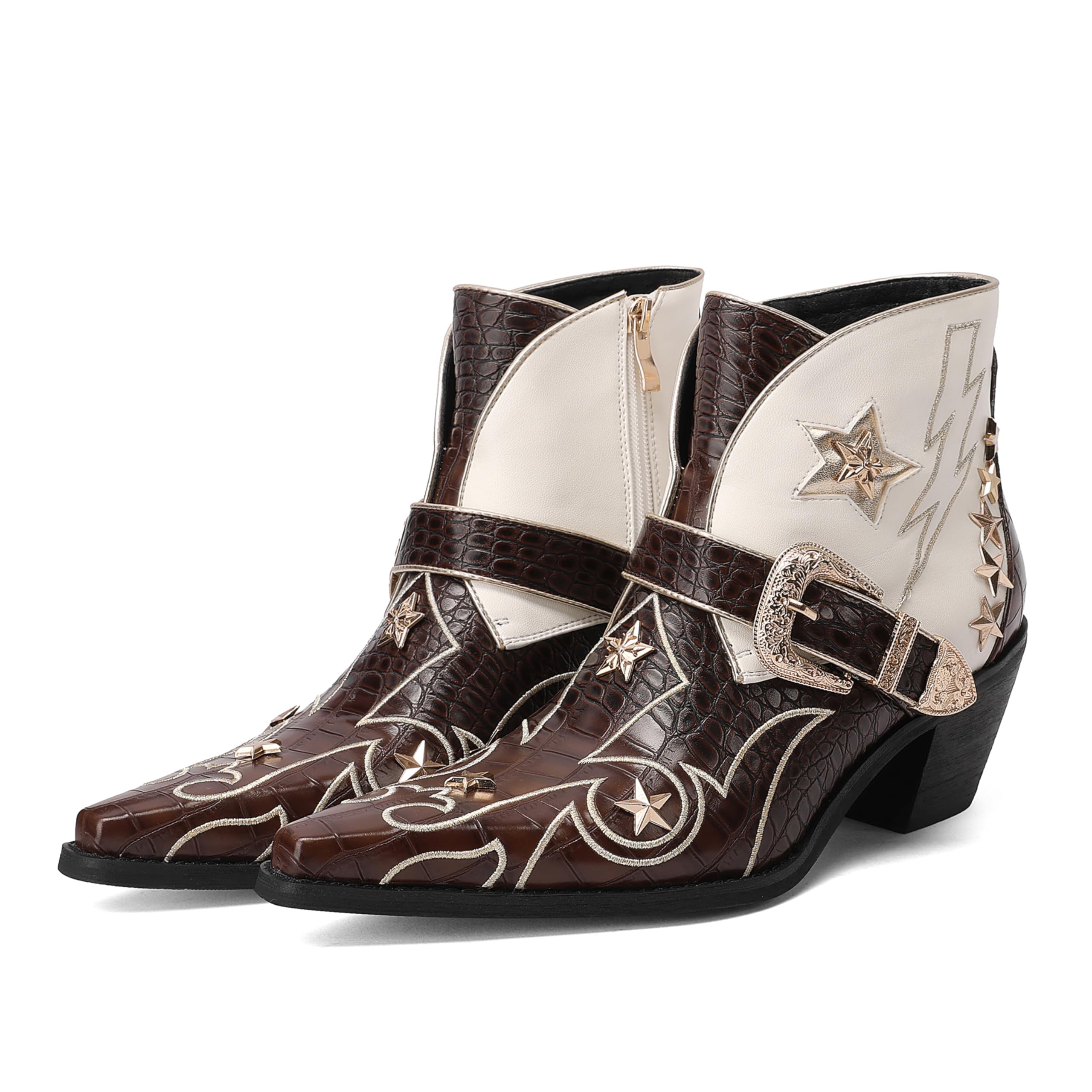 Womens Western Ankle Boots Star Embroidered Cowgirl Boots Pointed Toe Low Heel with Metal Buckle for Festivals Concerts