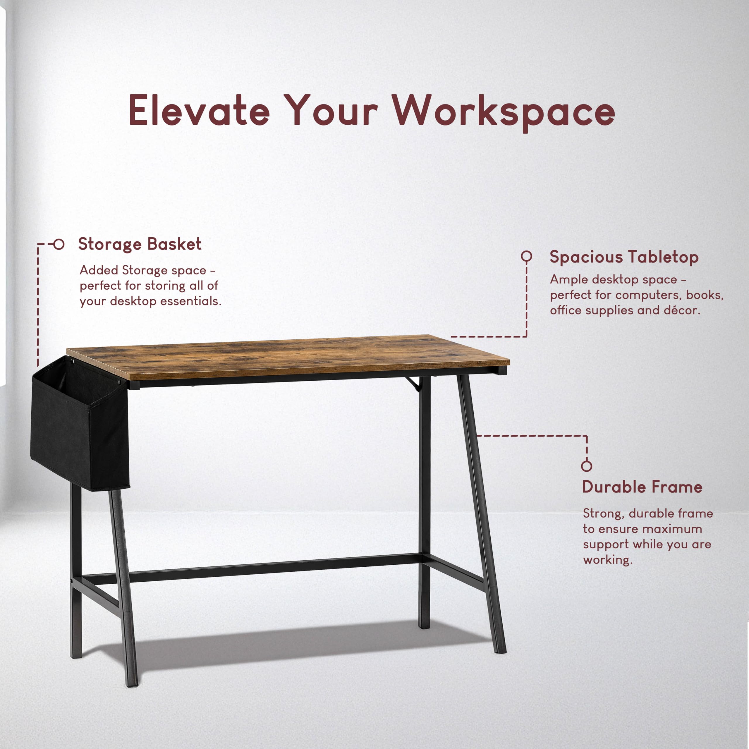 Vida Designs Brooklyn - Scrivania per computer piccola, 112 cm, con contenitore, per casa e ufficio, postazione di lavoro in stile industriale moderno (legno scuro)