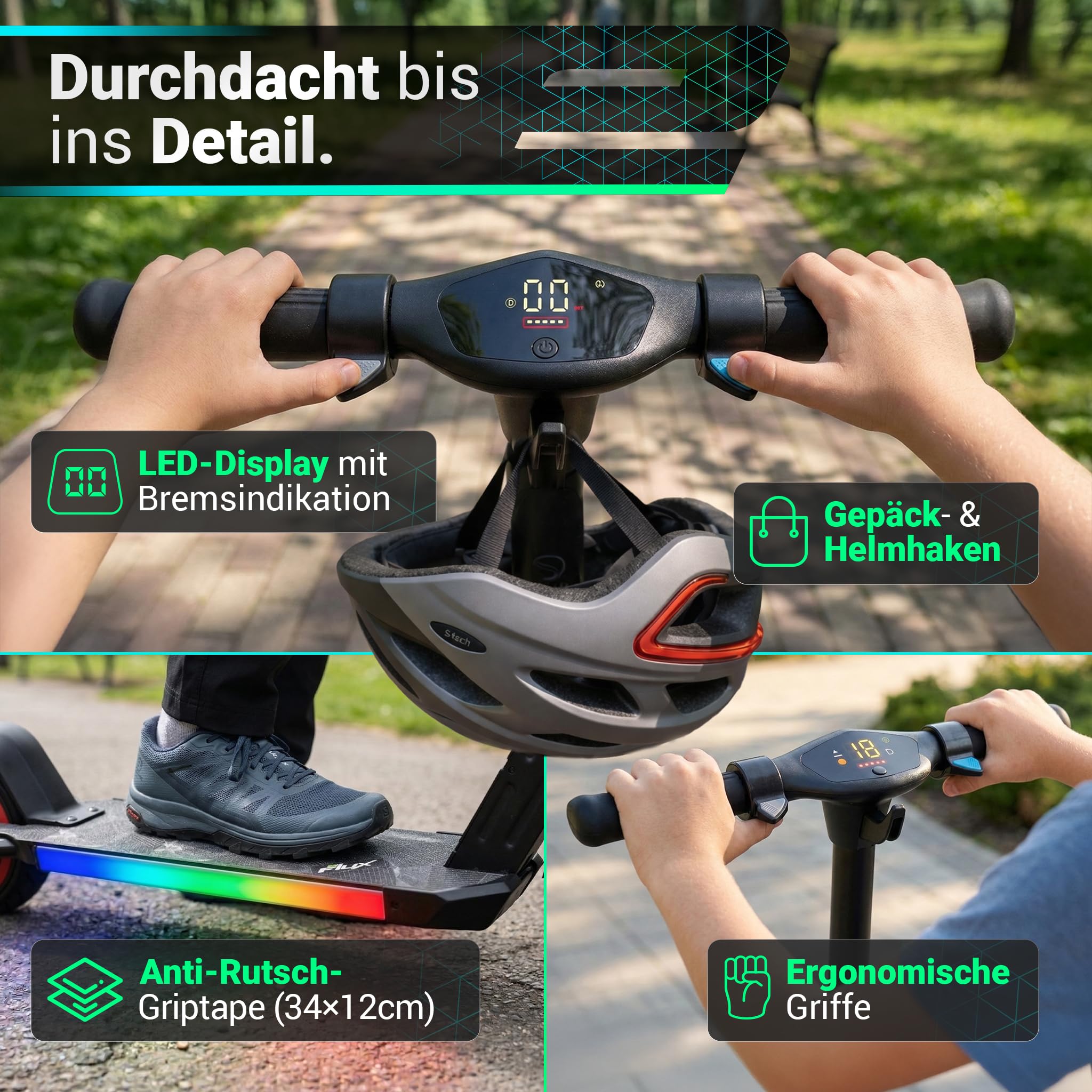 eFlux Kids K1 E Scooter | E Roller für Kinder ab 6 Jahren - Scooter mit LED Beleuchtung - Elektroscooter leicht - Elektroroller klappbar - Geschwindigkeit bis 𝟏𝟔 𝐤𝐦/𝐡 - Reichweite bis 𝟏𝟓 𝐤𝐦