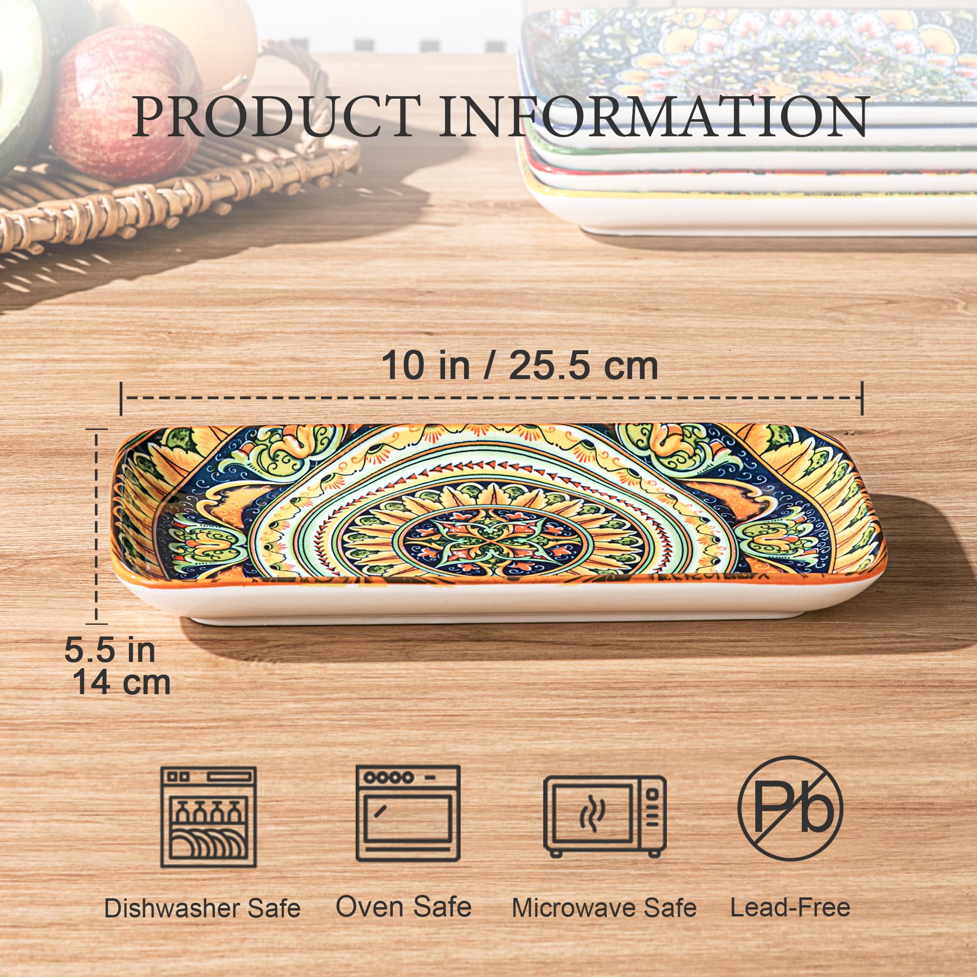 Henten Home Półmisek do serwowania 6 szt., prostokątna patera na ciasto 25,5 cm/10", talerz do serwowania przystawek, sushi, owoców, sałatek, deserów – nadaje się do kuchenki mikrofalowej / piekarnika
