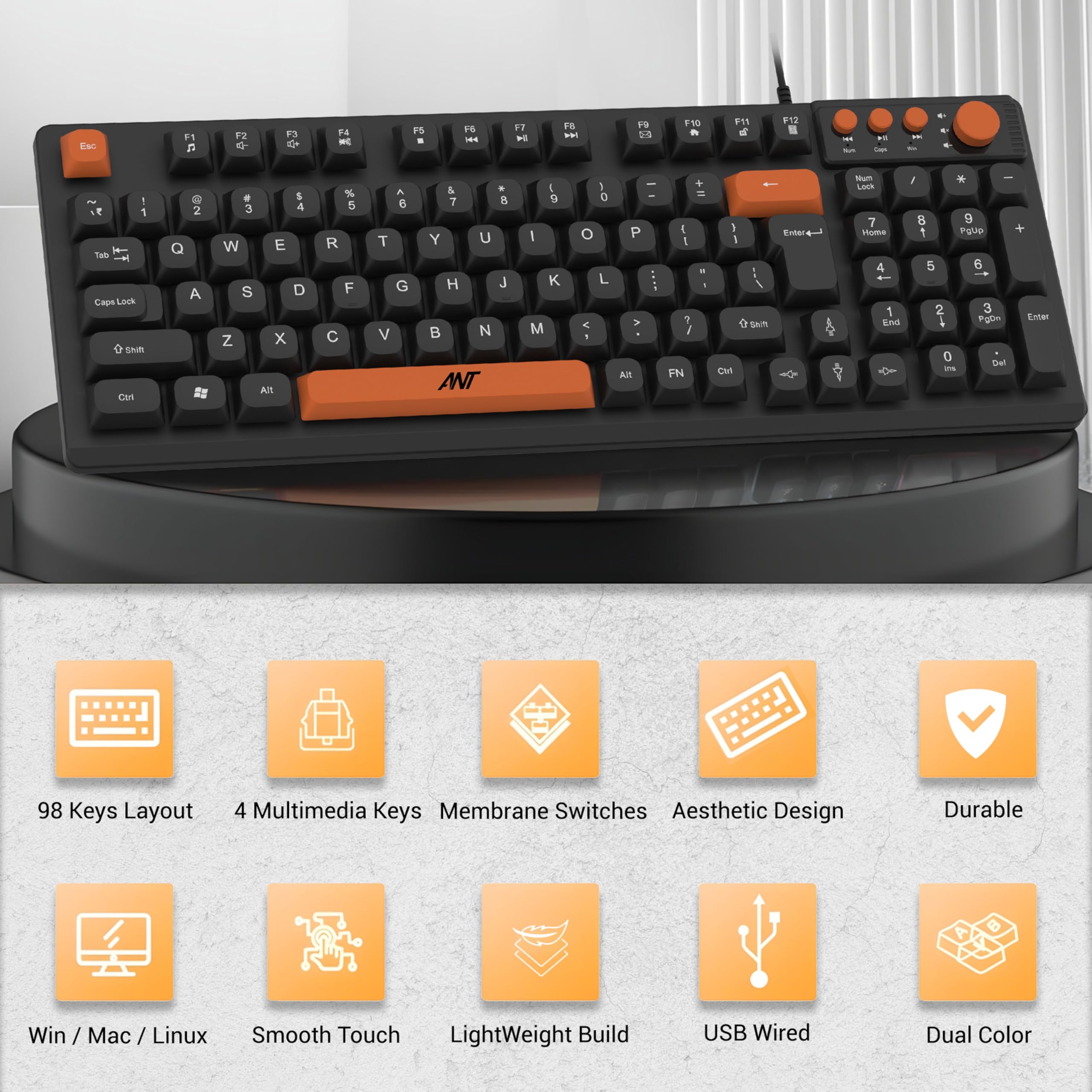 Ant Master 01 New Gen Full Size Wired Office Keyboard | 98 Keys Compact Layout with 4 Multimedia Keys | Membrane Switches | 5M Clicks Life | Windows/Mac/Linux Compatible – Black — Amazon image 3