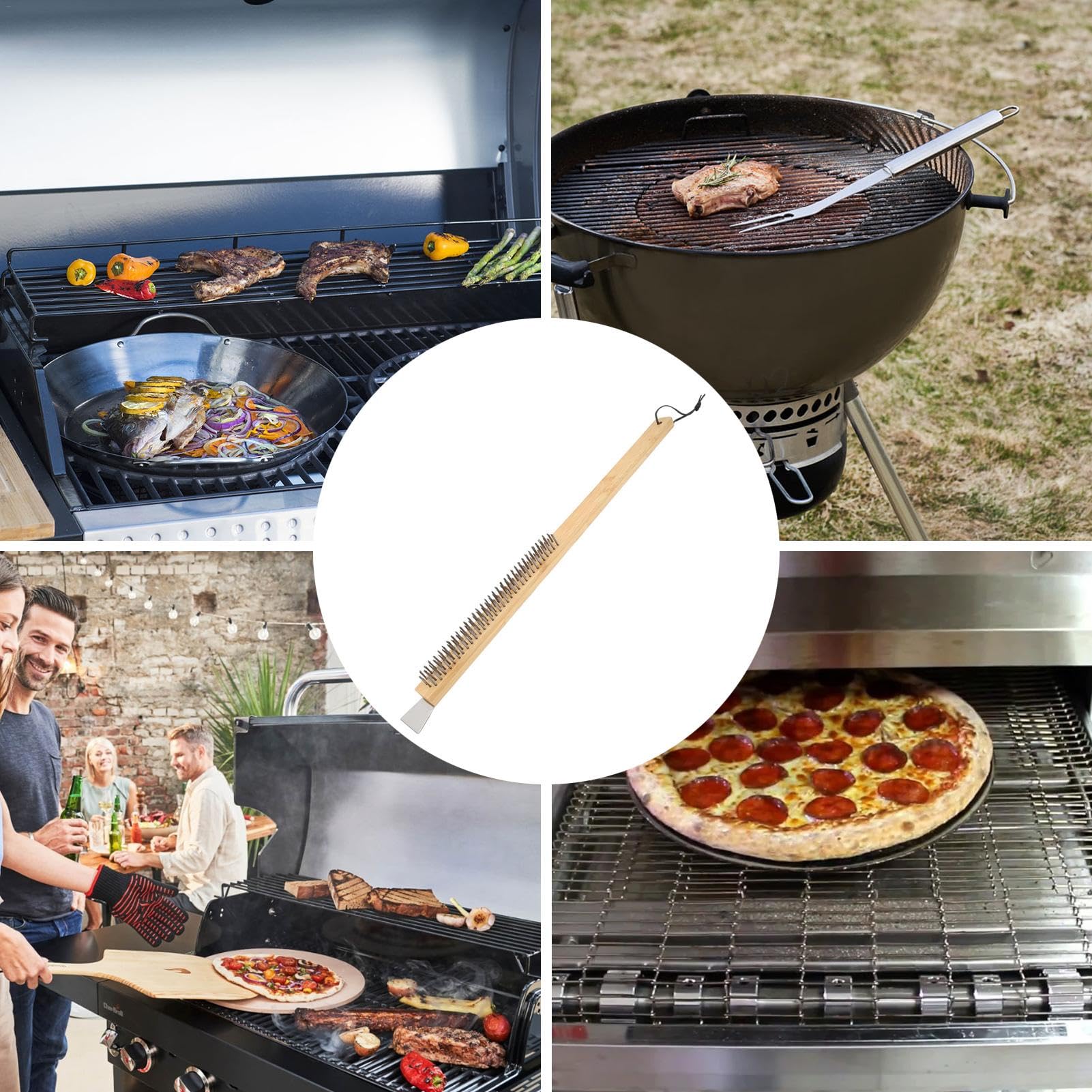 Cepillo de piedra para pizza, raspador de cepillo de limpieza con mango de madera extralargo, herramienta raspadora de cepillo resistente al calor, limpiador de piedra de pizza para horno de pizza | Herramienta raspadora de cepillo resistente al calor sin