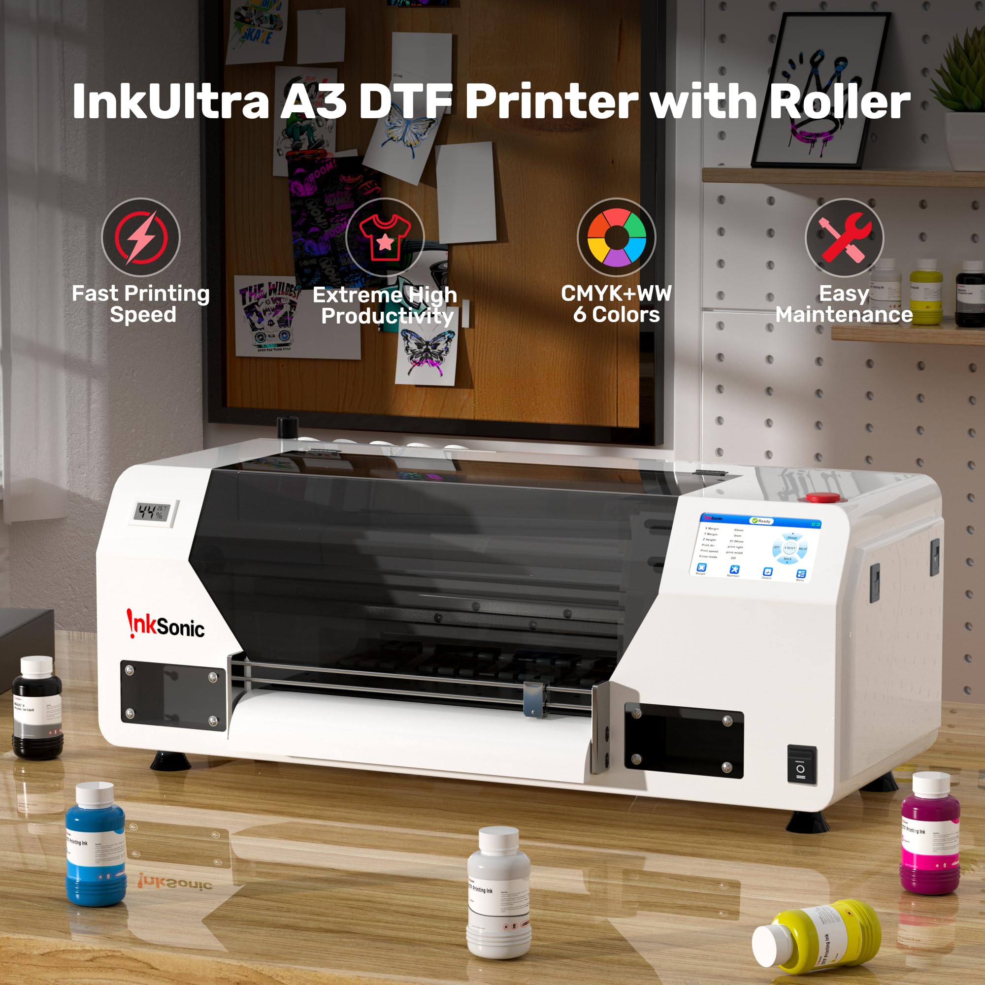 RocRow InkSonic XP600 A3 DTF Printer Machine, 13'' U13 Printer with White Ink Circulation & Automatic Cleaning, Direct to Film, Ink, Film, T-Shirt, Oven, Heat Press