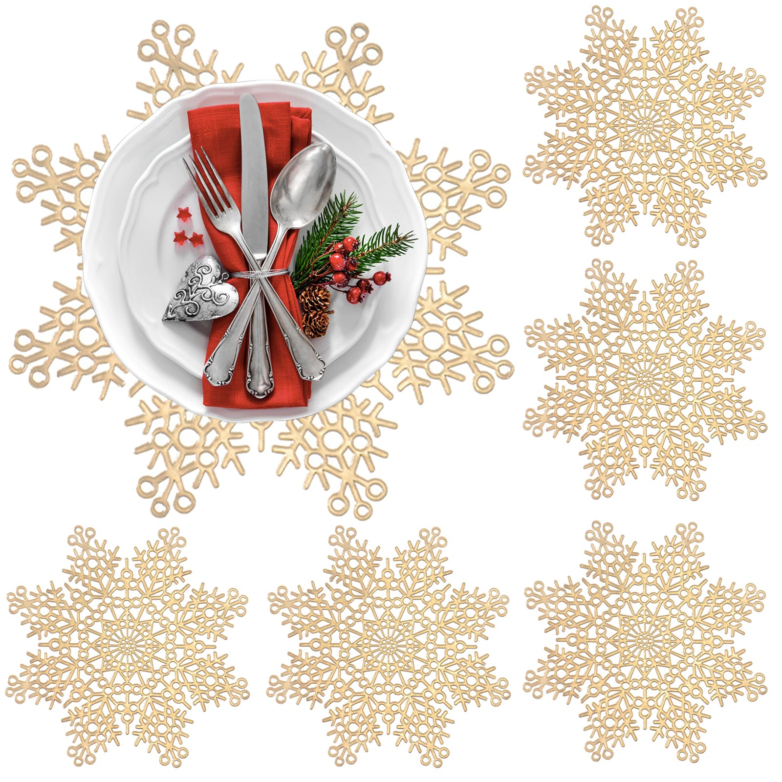 Juego De 6 Manteles Individuales para Navidad, 38 * 38cm Manteles Individuales Copo de Nieve Manteles Individuales Redondos Diseño Hueco Manteles Individuales de Cocina para Boda en Navidad (Oro)