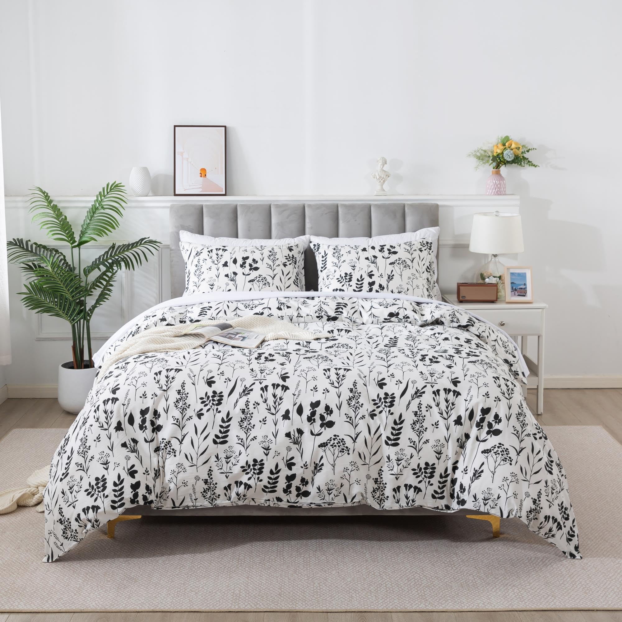 Travan Cotton Duvet Cover Queen Black Floral Duvet Covers Super Soft Comforter Cover with Zipper Closure, (Black Floral, Queen Size)