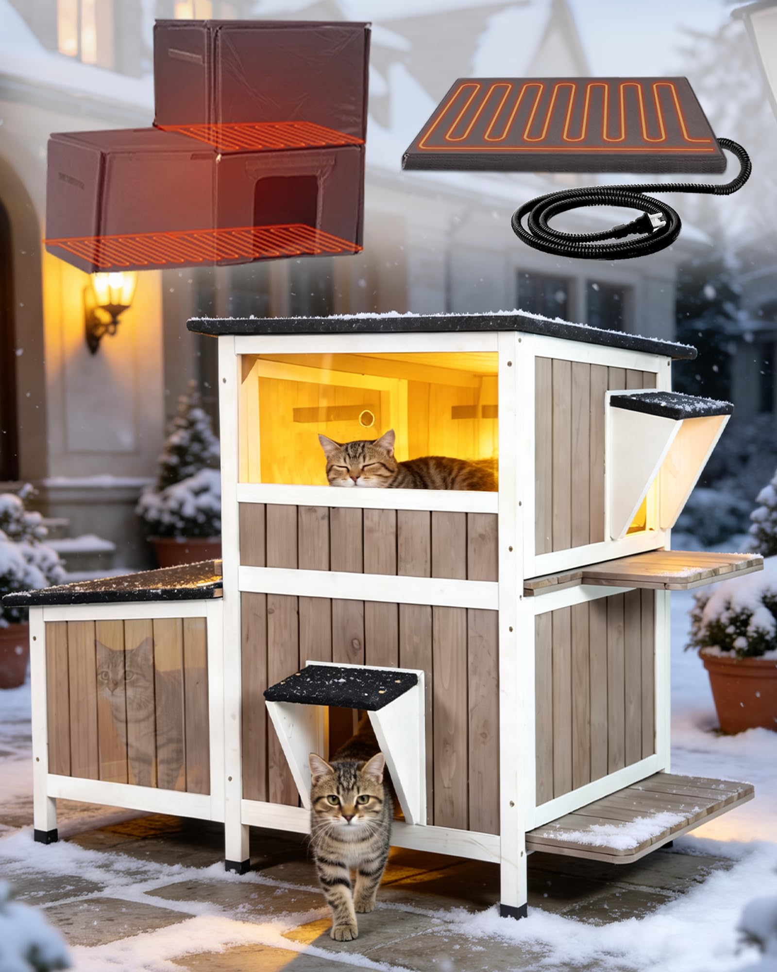Heated Cat House Outdoor Insulated Liner Cat House with Heated Pad Feral Cat Shelter with Escape Doors Weatherproof-Khaki