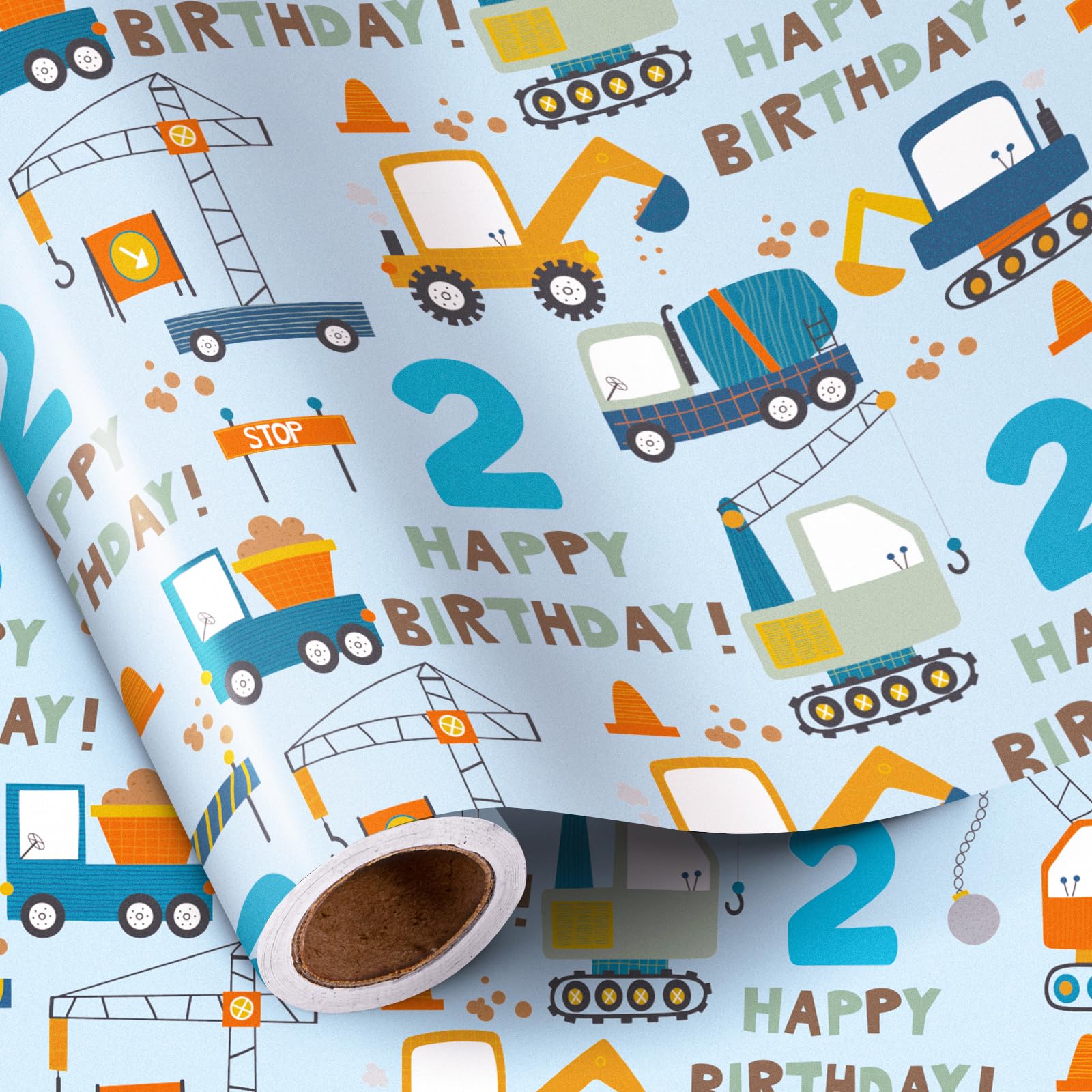 RUSPEPA 2nd Birthday Wrapping Paper for Boy - Mini Roll - Blue Cartoon Cars Trucks and "Happy Birthday" Text Pattern- 43.2cm x 5m - 2 Years Old