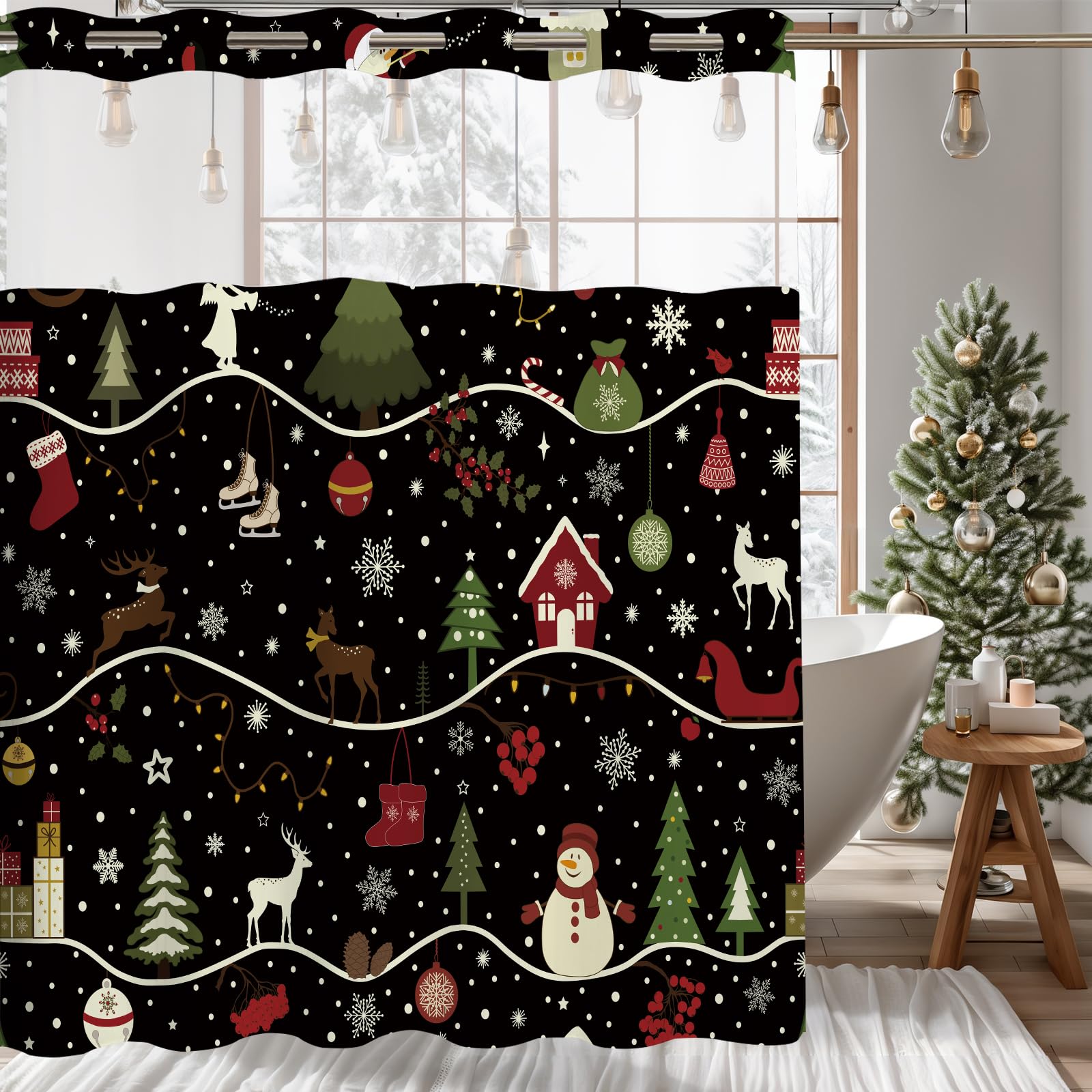 Rideau de douche sans crochet Merry Christmas flocon de neige et sapin
