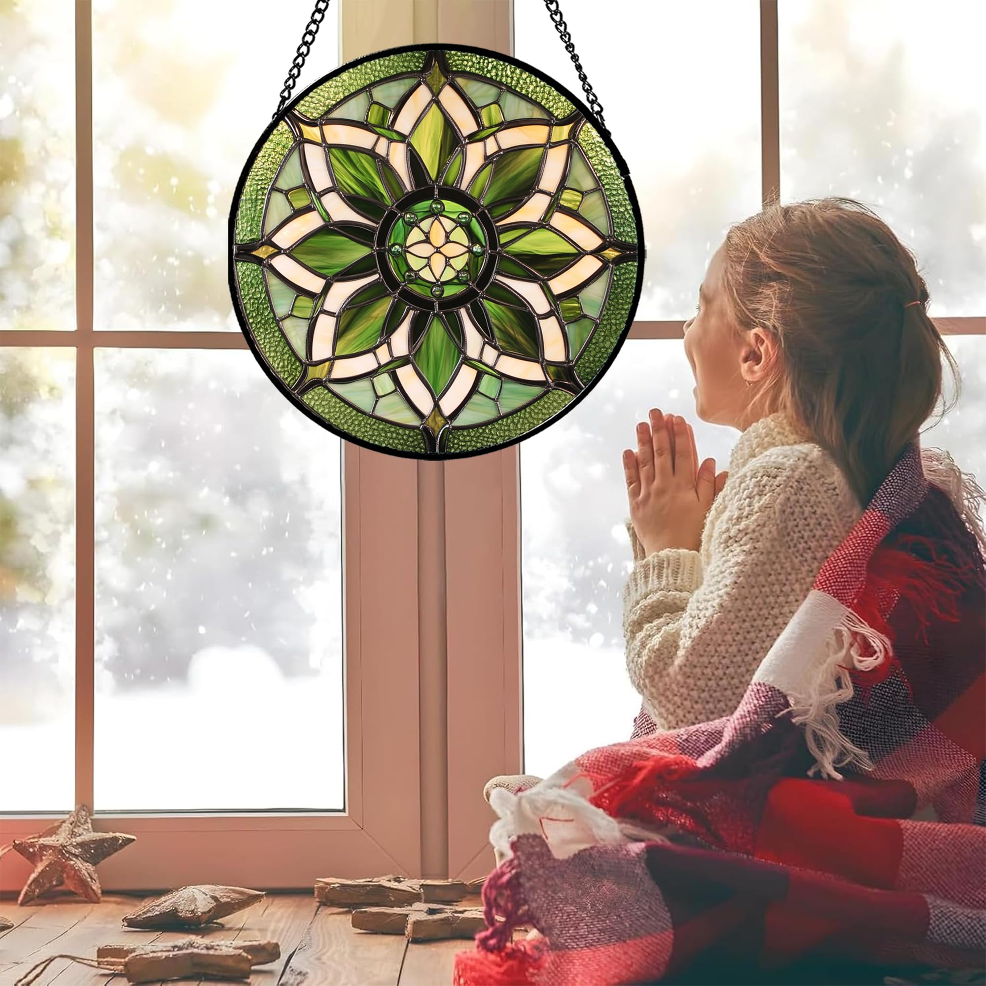 Buntglas-Fensteraufhängung – weiß-grüne Boho-Blume, Sonnenfänger für Türen, Fenster, Zuhause, Sonnenfänger, Dekoration, Weihnachten, Muttertag, Geburtstag, Geschenke für Lehrer, Frauen, Männer