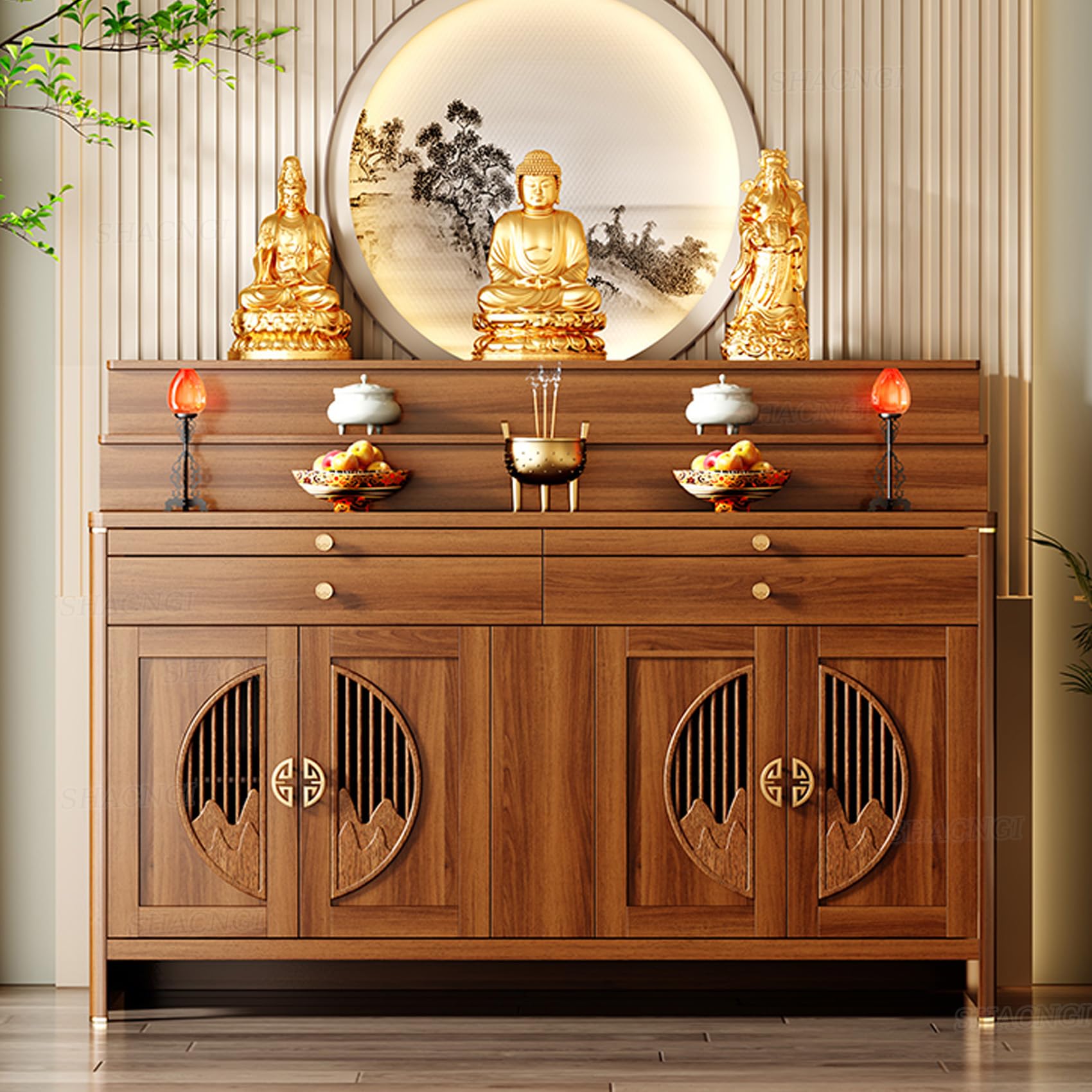 Solid Wood Personal Shrine Altar Table with Large Storage Cabinet, Buddhist Altar Cabinet with Drawer, Meditation Prayer Table (69" X 23.6" X 50")
