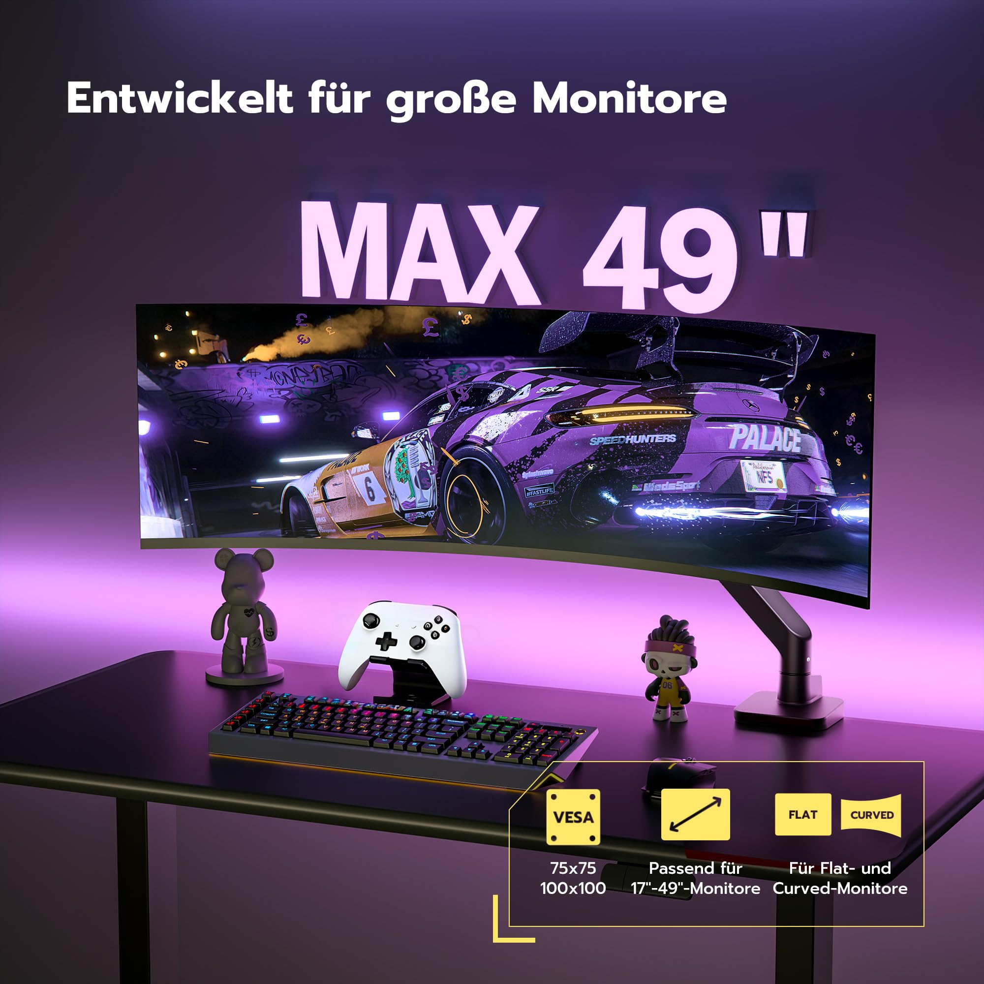 ARES WING Monitor Halterung für 17 bis 49 Zoll Bildschirme, Monitor Arm mit Gasfeder, Verstellbarer Monitorständer Max 20Kg Traglast, VESA 75/100,Schwarz