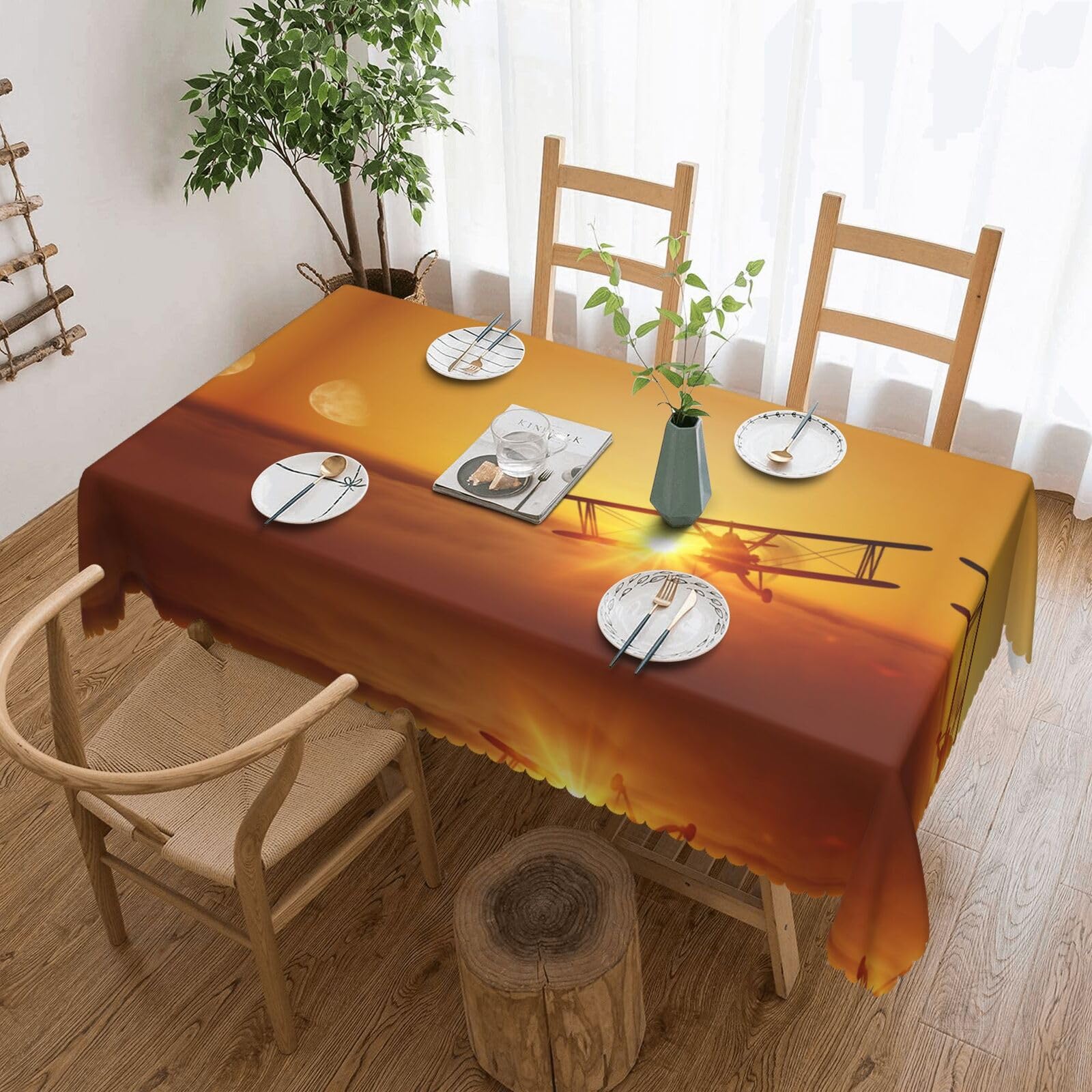 Hzhuaoeg Aircraft Plane At Sunset Square Tablecloth Print Table Cover Wipe Clean Tablecloth For Parties, Picnics, Gardens Table Cover 137X183cm