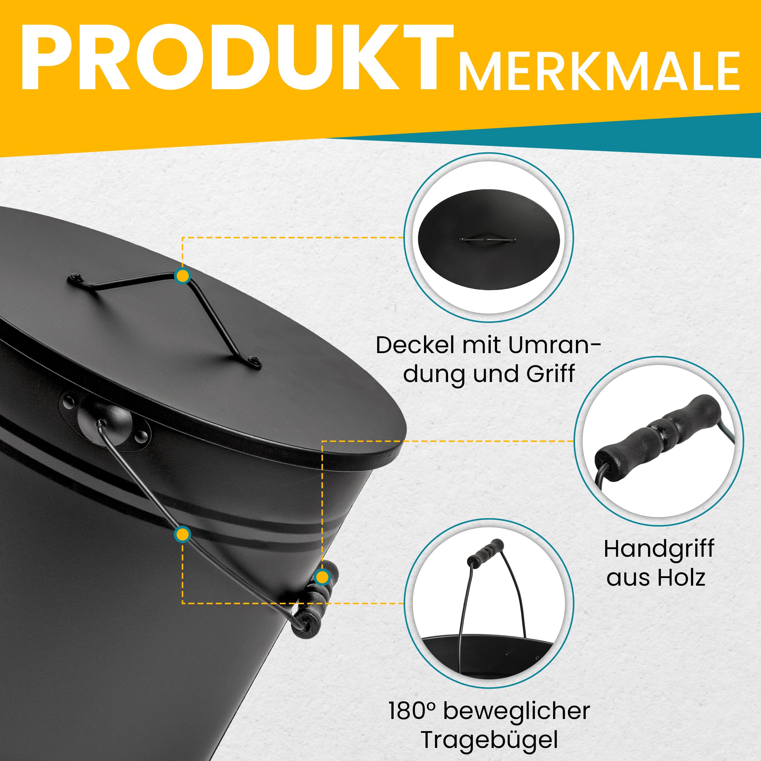 XL Ascheeimer mit Deckel - Kohleeimer 24 Liter aus Stahlblech im Schwarz - Kamineimer mit Deckel - Ascher Allzweckeimer für den Innen- und Außenbereich