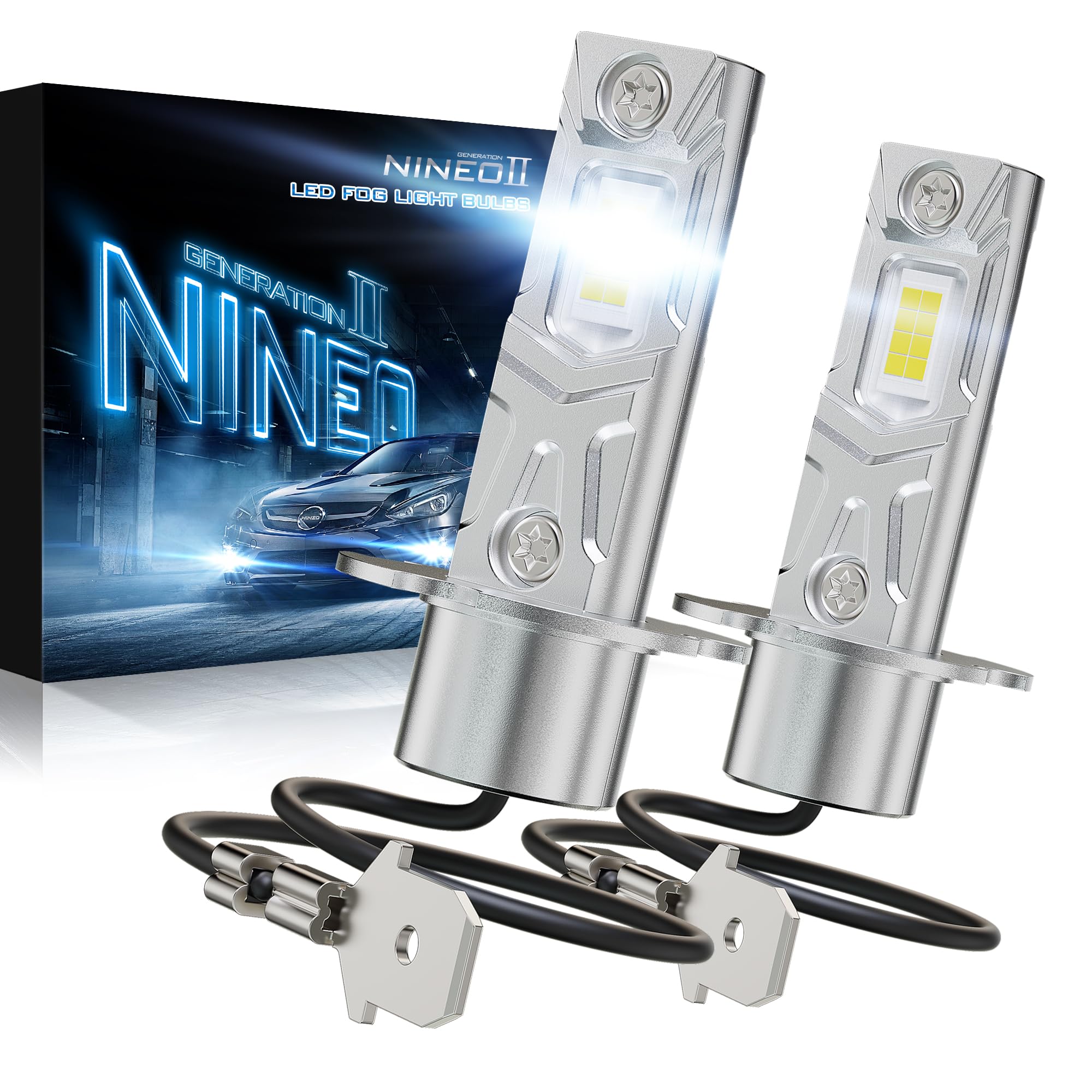 NINEO H3 LED Fog Light Bulbs, H3ll H3 LED Bulb 1:1 Mini Size 6500K White 500% Super Bright Easy Installation, Pack of 2