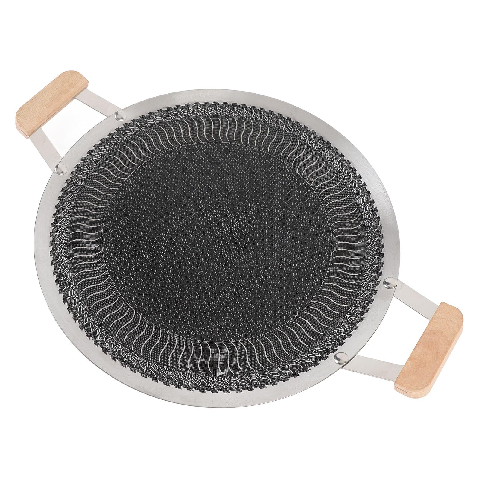 Pongnas Padella per Barbecue Rotonda in Acciaio Inossidabile Antiaderente Padella per Barbecue Coreana con Manico in Legno per re All'aperto per 4-6 Persone (38 cm)