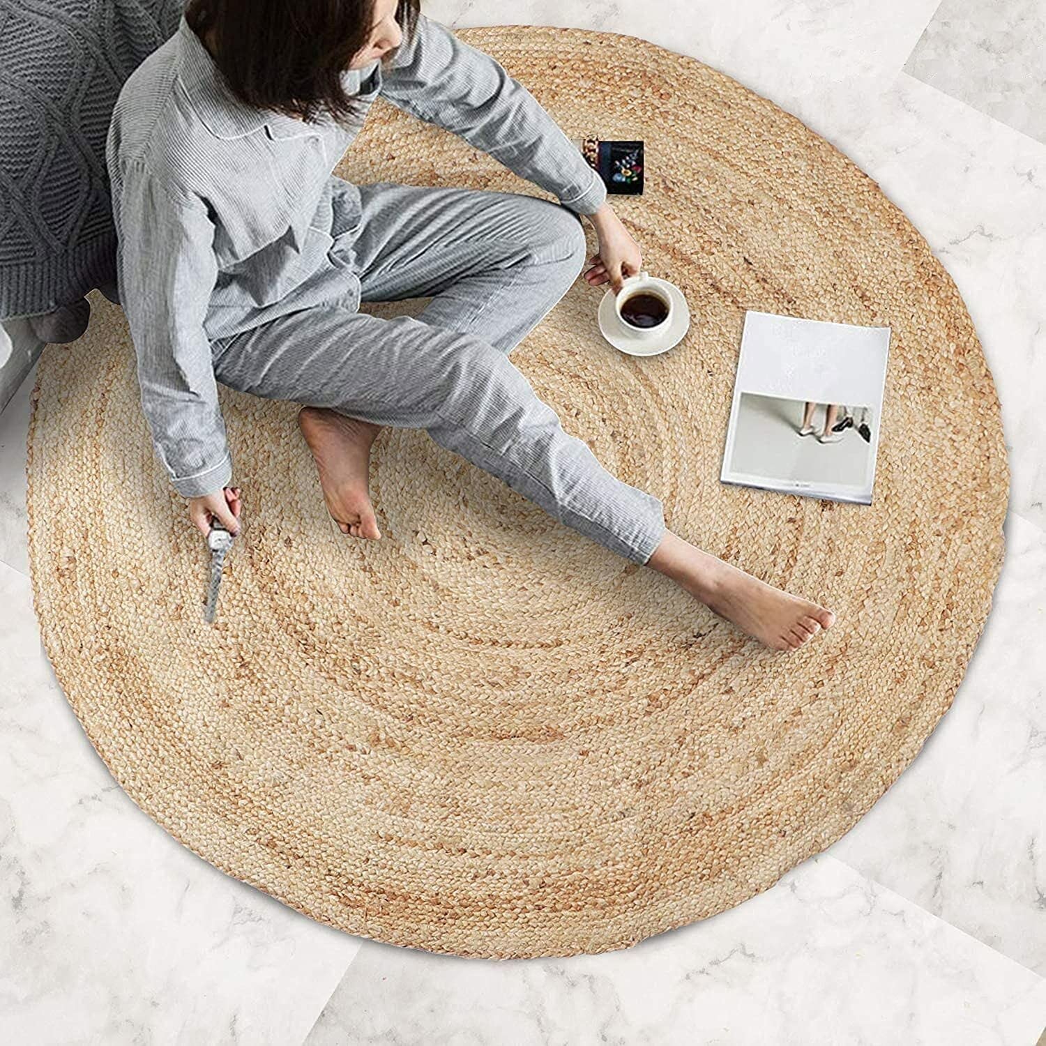 Ripaz Tapis Rond tissé à la Main en Jute Naturelle (180 cm de circonférence)
