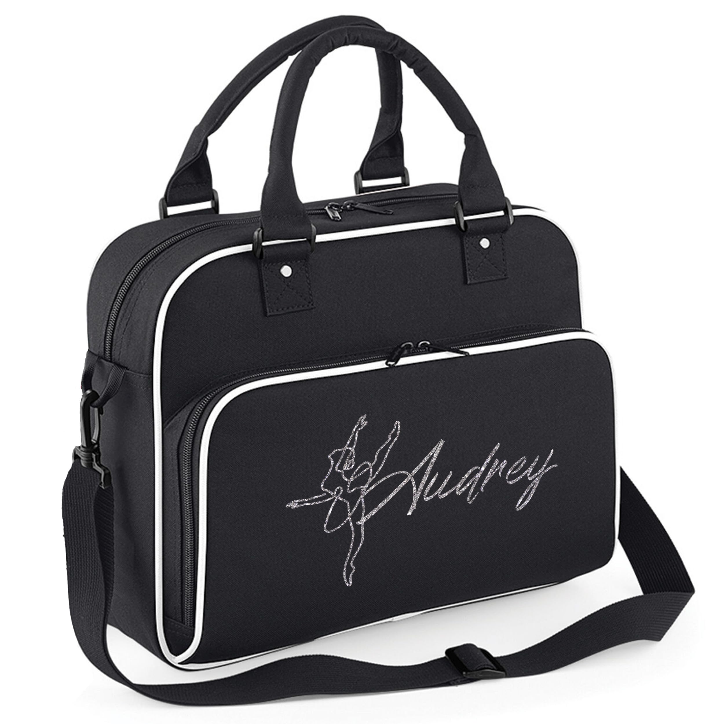 Personalised Silver Glitter Ballerina Girls Junior Dance Bag Kids Custom Name Ballet Class Dancing Kit Bag, One Size, Black/White