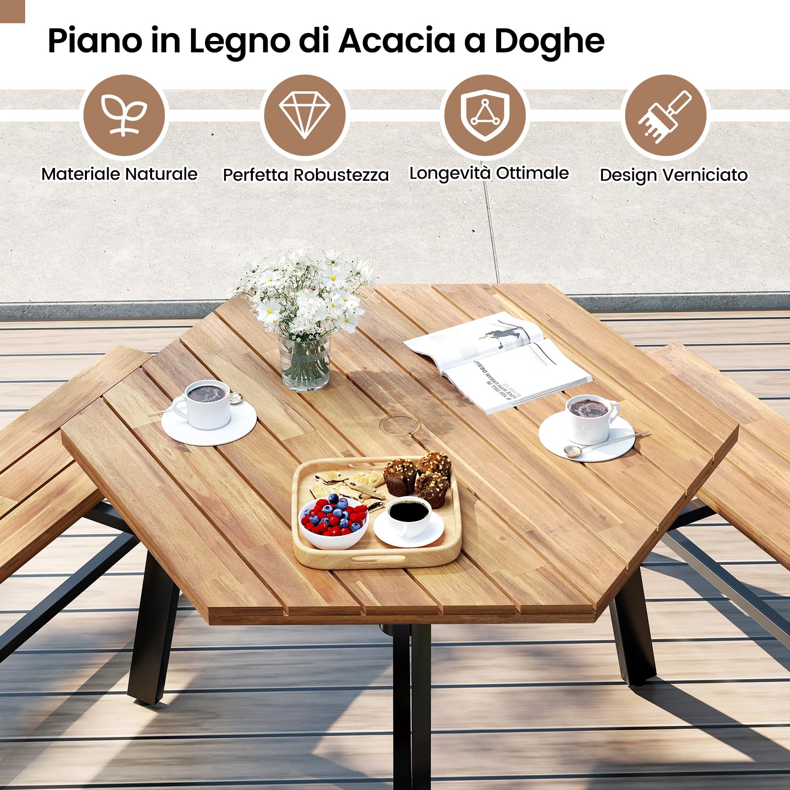 RELAX4LIFE Tavolo da Picnic per 6 Persone in Legno di Acacia con Panchine Incorporate, Set da Tavolo da Pranzo Esterno con Foro per Ombrellone e Struttura in Metallo per Patio, Giardino, Bordo Piscina