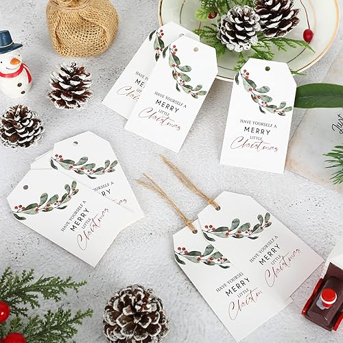 Miniatura 3 de Whaline 100 etiquetas de Navidad con cuerda de cáñamo etiquetas de papel para plantas de acuarela etiquetas colgantes de feliz Navidad deseos de