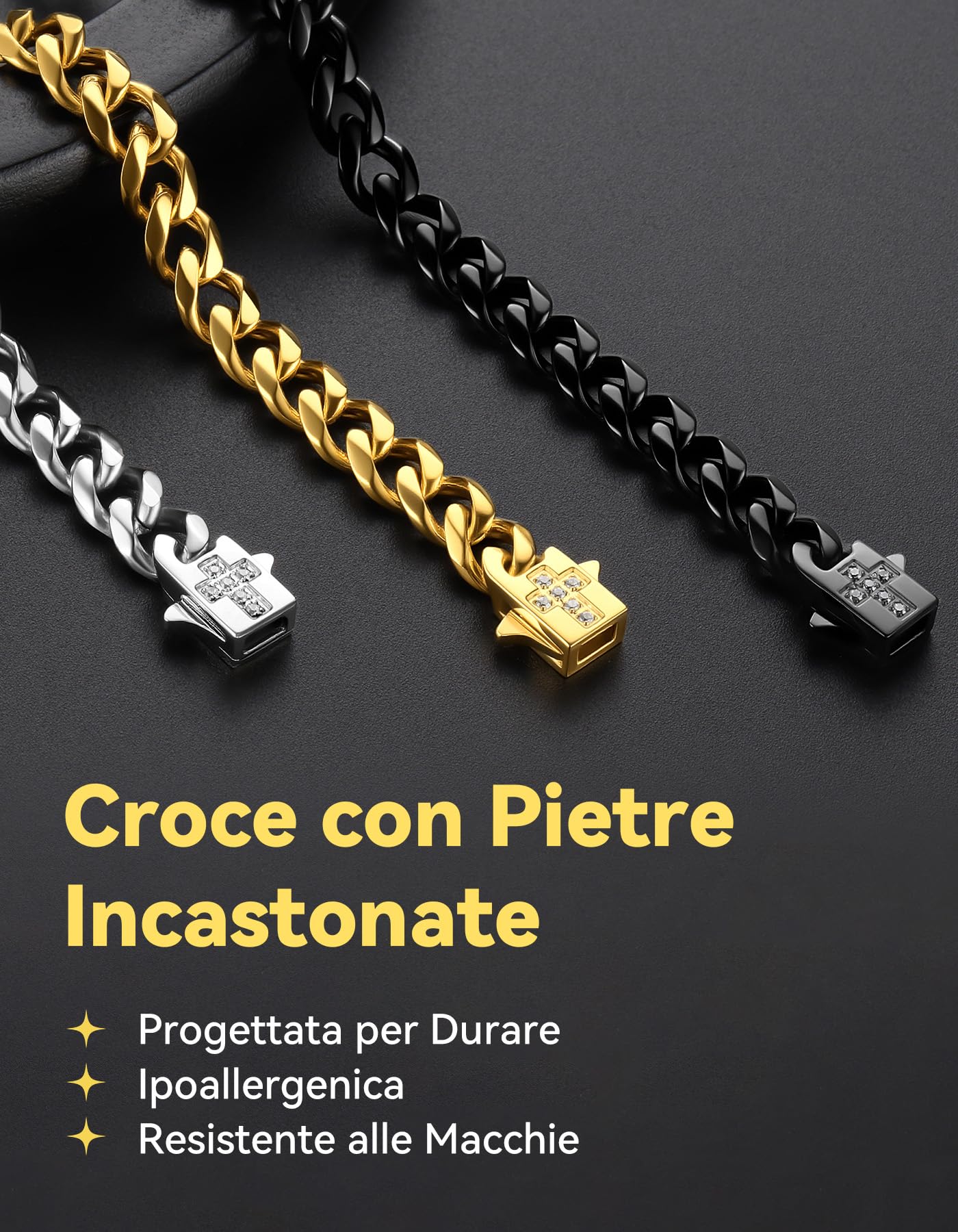 ChainsHouse Collana da Uomo in Acciaio Inossidabile a Catena Cubana con Chiusura a Croce in Zirconi, Gioielli Stile HipHop Punk Regalo per Uomo Donna, Catena Larga 6 mm Colore Argento/Oro/Nero