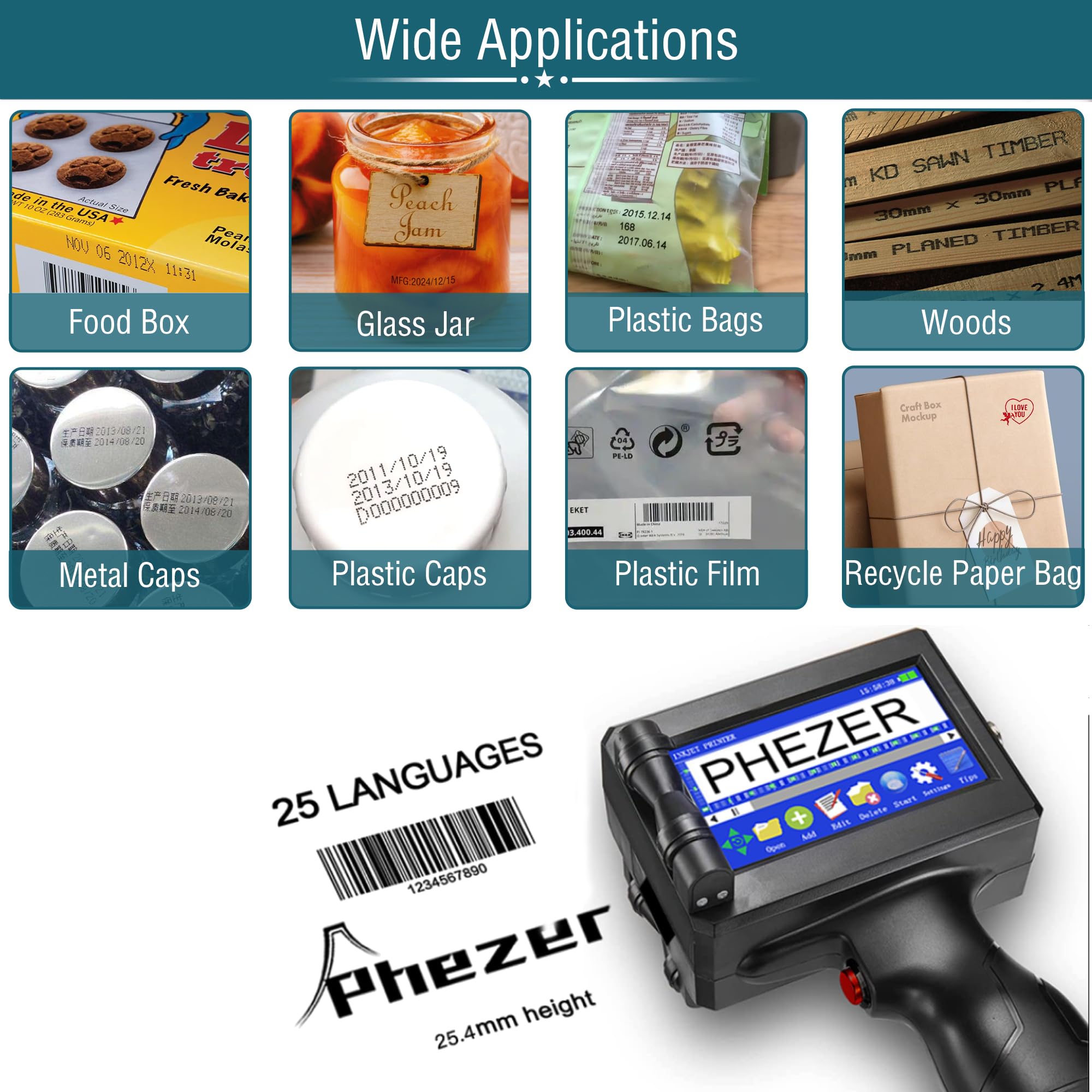 Phezer 0,5 Zoll P15 mobiler Handdrucker mit JS62 Quick-Dry Tinte, tragbarer Tintenstrahldrucker für QR-Code Barcode Datum MHD Chargennummer Logo und Seriennummer auf Karton, Kunststoff, Holz, Glas