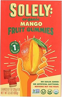 SOLELY Organic Mango Whole Fruit Gummies | Two Ingredients | No Added Sugars, Artificial Colors or Flavors | Vegan Fruit Snacks, 0.7 Ounce (Pack of 5)