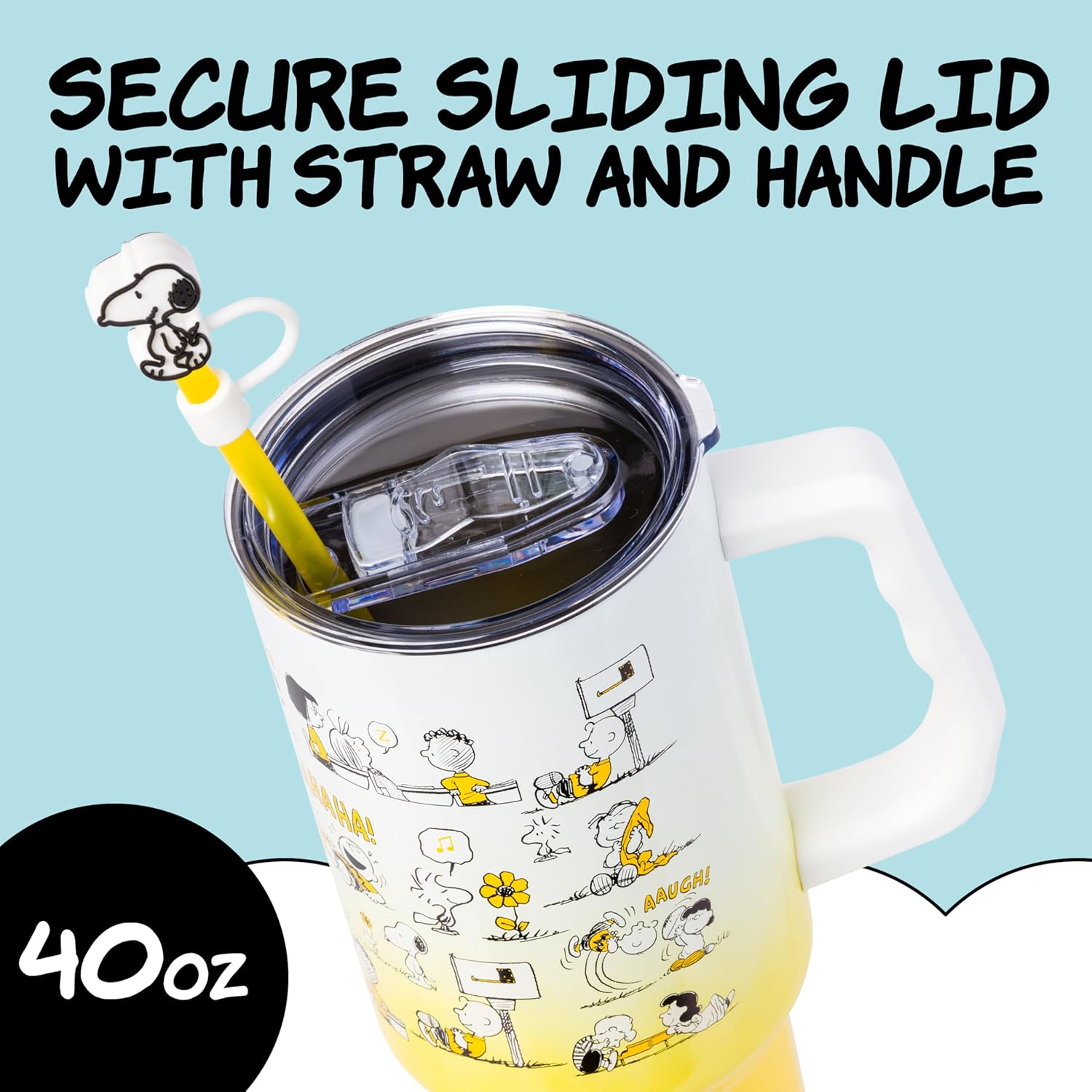 Silver Buffalo Peanuts Iconic Scenes Charlie Brown, Snoopy, Woodstock, Lucy, Sally, Linus Double Walled Stainless Steel Tumbler with Handle, Straw, & Straw Cap, Fits in Standard Cup Holder, 40 Ounces - Image 3