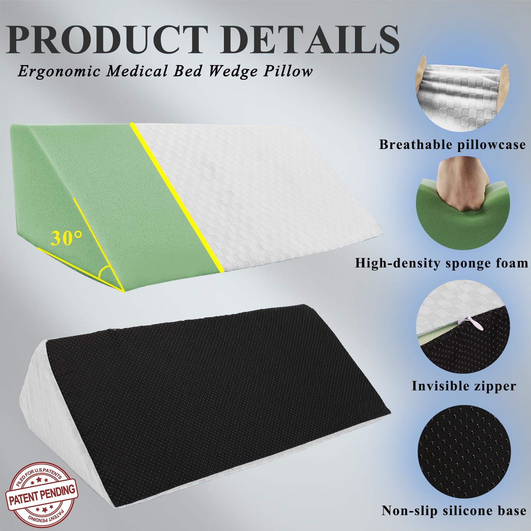 Almohada de cuña para cama para dormir de lado, almohada triangular de posicionamiento corporal adecuada para embarazo y cirugía, evita dolores de cama para soporte de piernas y espalda con