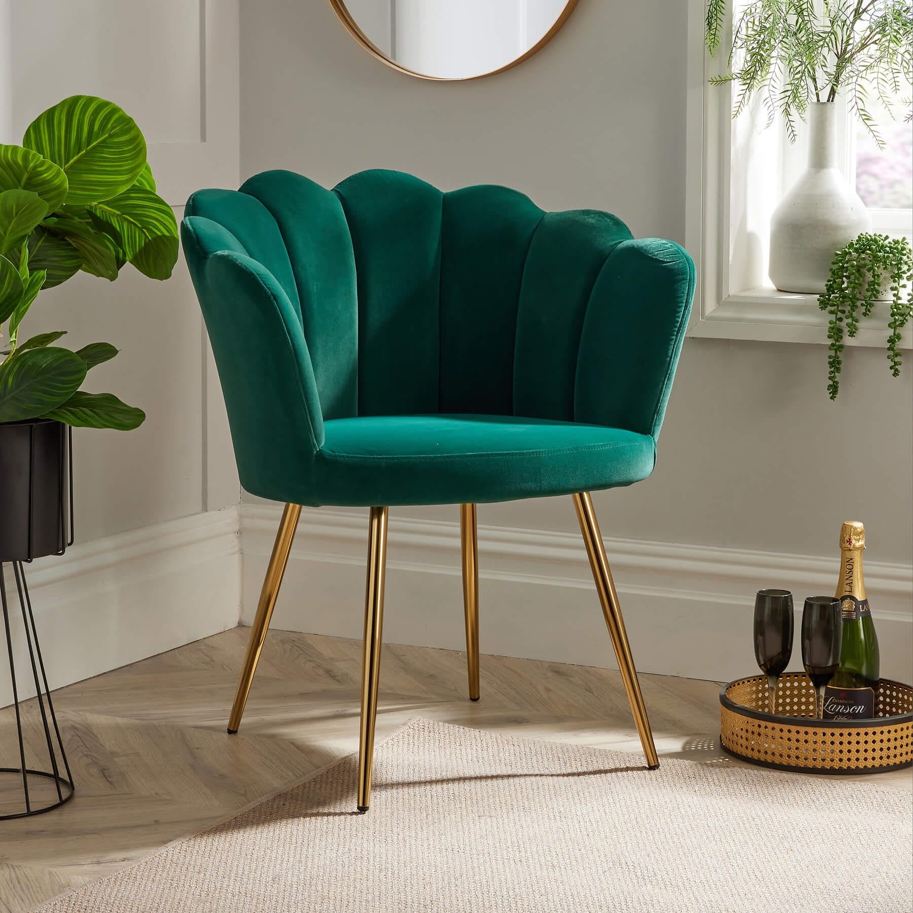 Home Source Green Scallop Shell Chair Wing Back Armchair Occasional Gold Legs Green,Gold