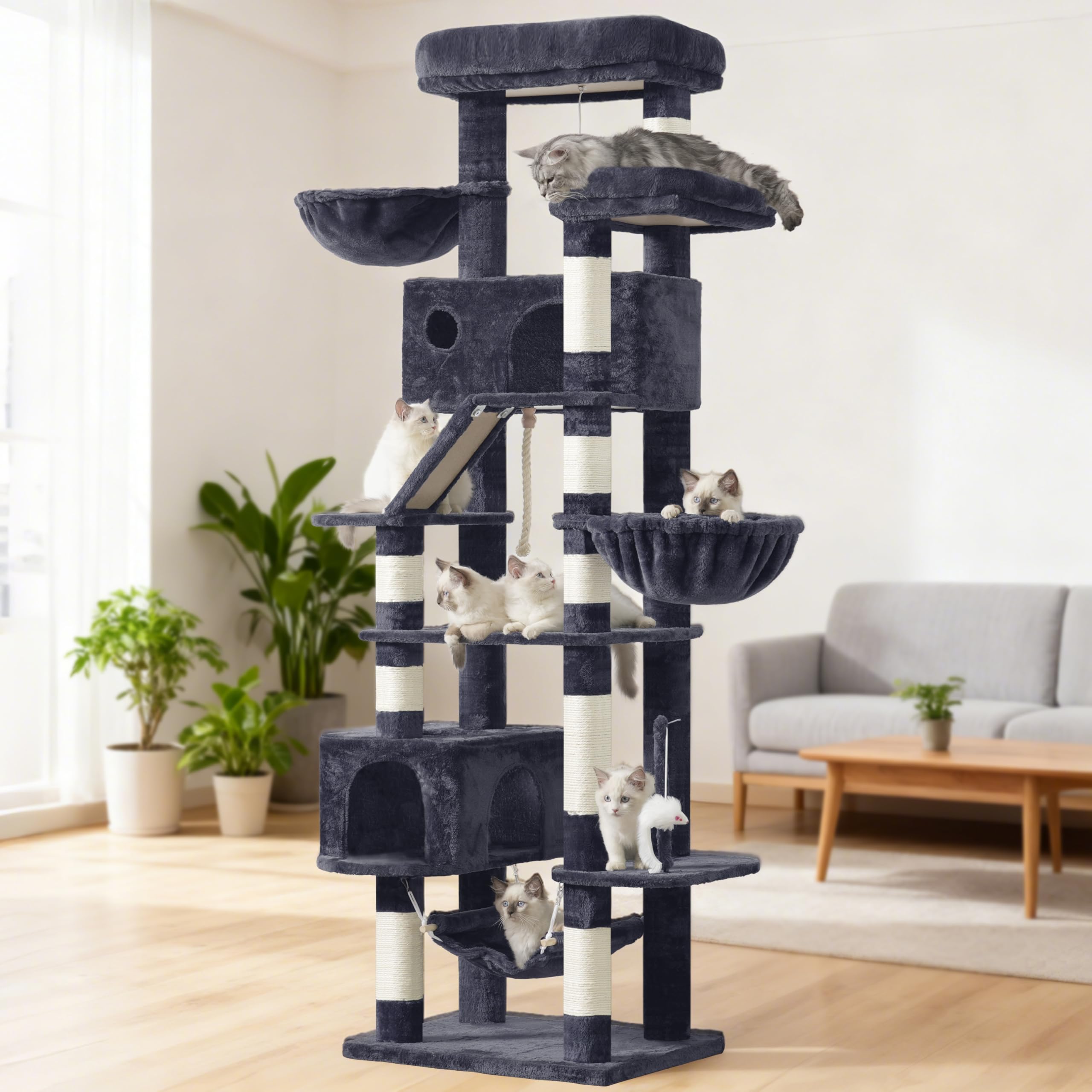 Gitelsnour rascador para Gatos Grandes, árbol para Gatos de Interior de 200 cm, con Amplia Plataformas Superior, Cuevas, Hamaca, rascadores, Gris Ahumado GCT031G