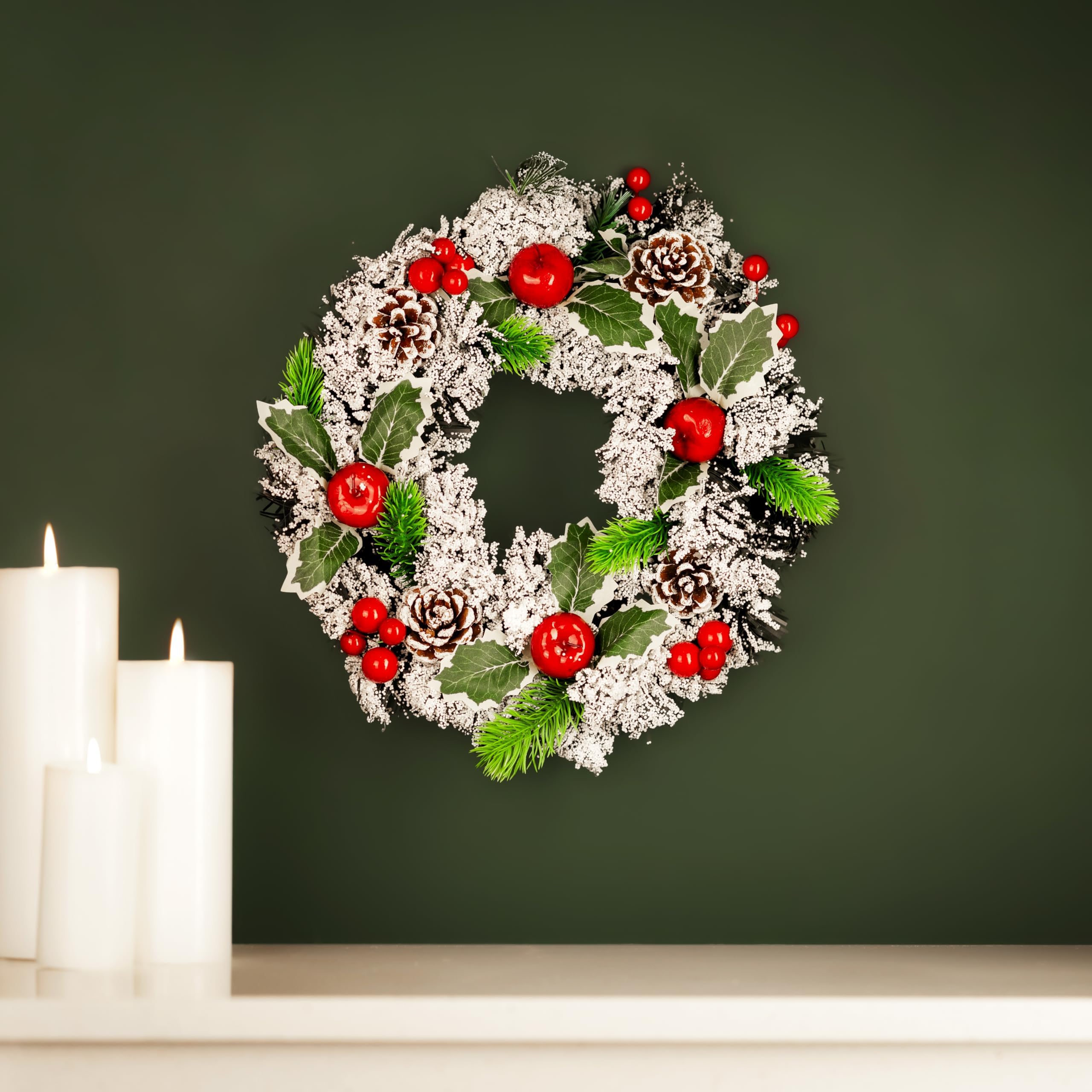 Marco Paul Interiors 30Cm Pinecone And Apples Marco Paul Large Artificial White Door Wreath - 30Cm Snow Flocked Wreath With Berries, Pinecones & Mistletoe - Christmas Wreaths For Front Door, Outdoor Christmas Decorations & Xmas Hanging Wall Decor