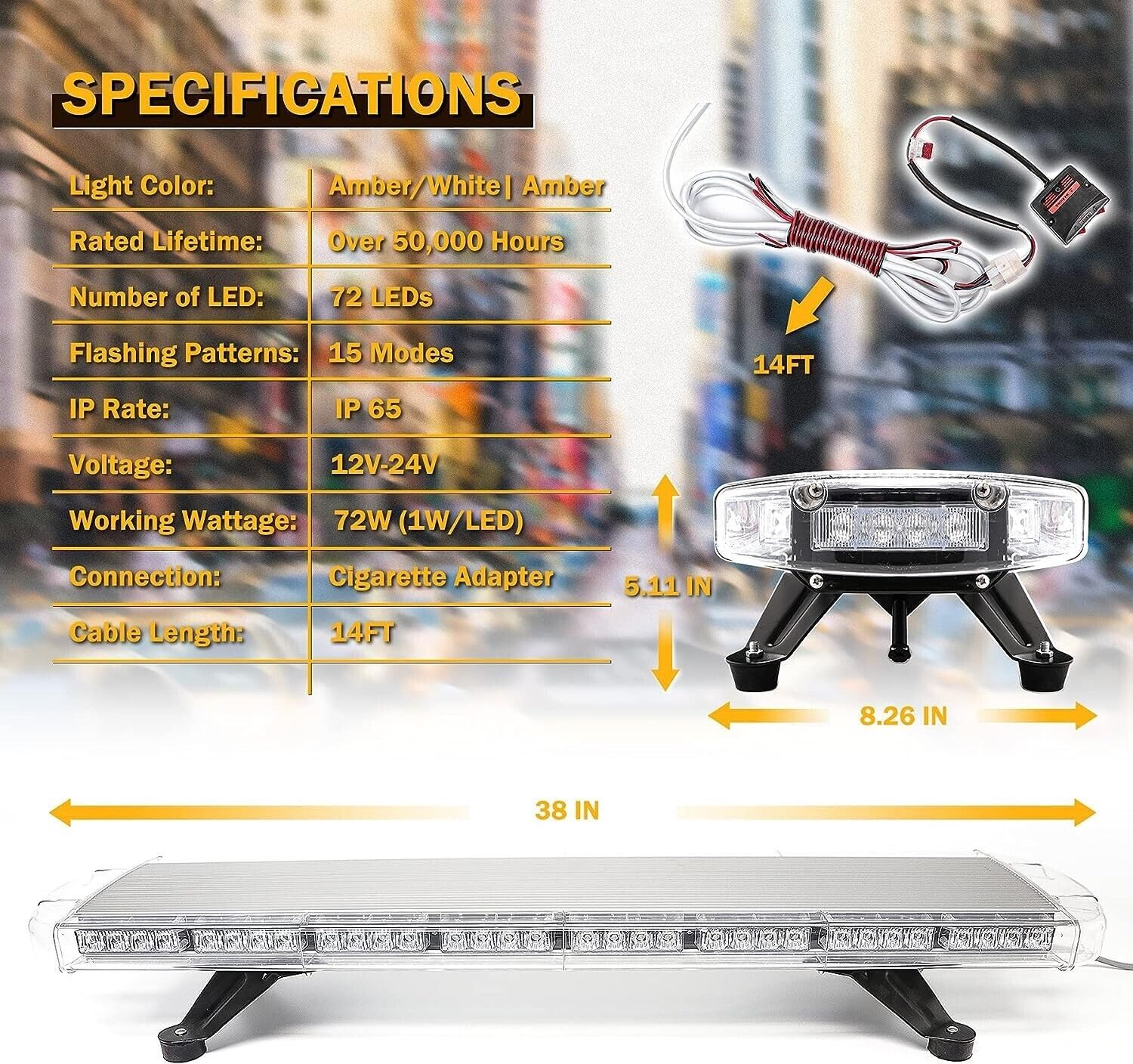 72 LED Barra Luminosa Stroboscopica di Emergenza Luce di Аvvertimento Per Tetto Auto 15 Modalità di Lampeggiamento Impermeabile con Accendisigari da 4,3 m 12V 24V