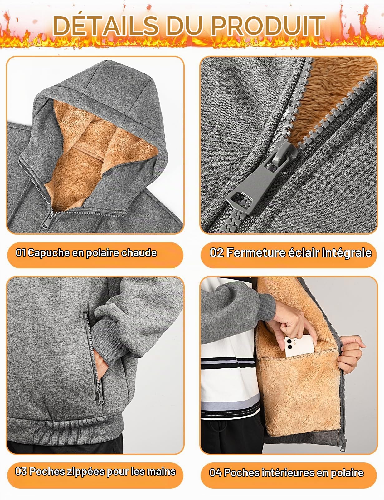 UMIPUBO Sweat a Capuche Homme Veste Polaire Chaude et Épaisse Hoodie Sweatshirt Hiver Pull a Capuche Zippé Avec Poches Survêtement