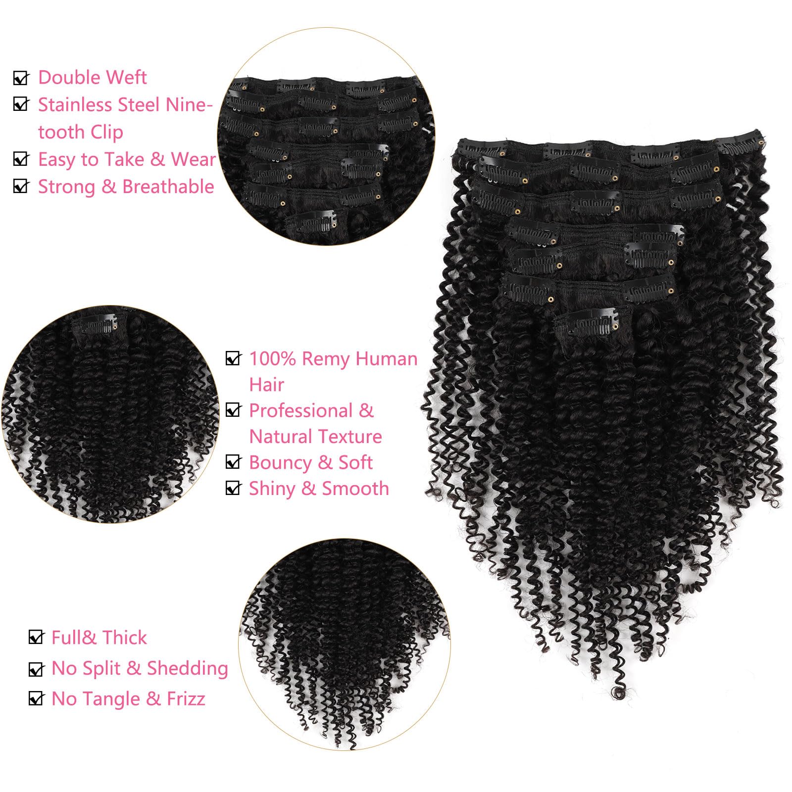 MIMIESEAT Kinky Curly Clip in Hair Extensions Real Human Hair 3C for Black Girl 4A Kinky Curly Human Hair Extension Clip ins Double Wefts Clip in Hair Natural Black 18 Inch 120G 7 Pcs Per Set