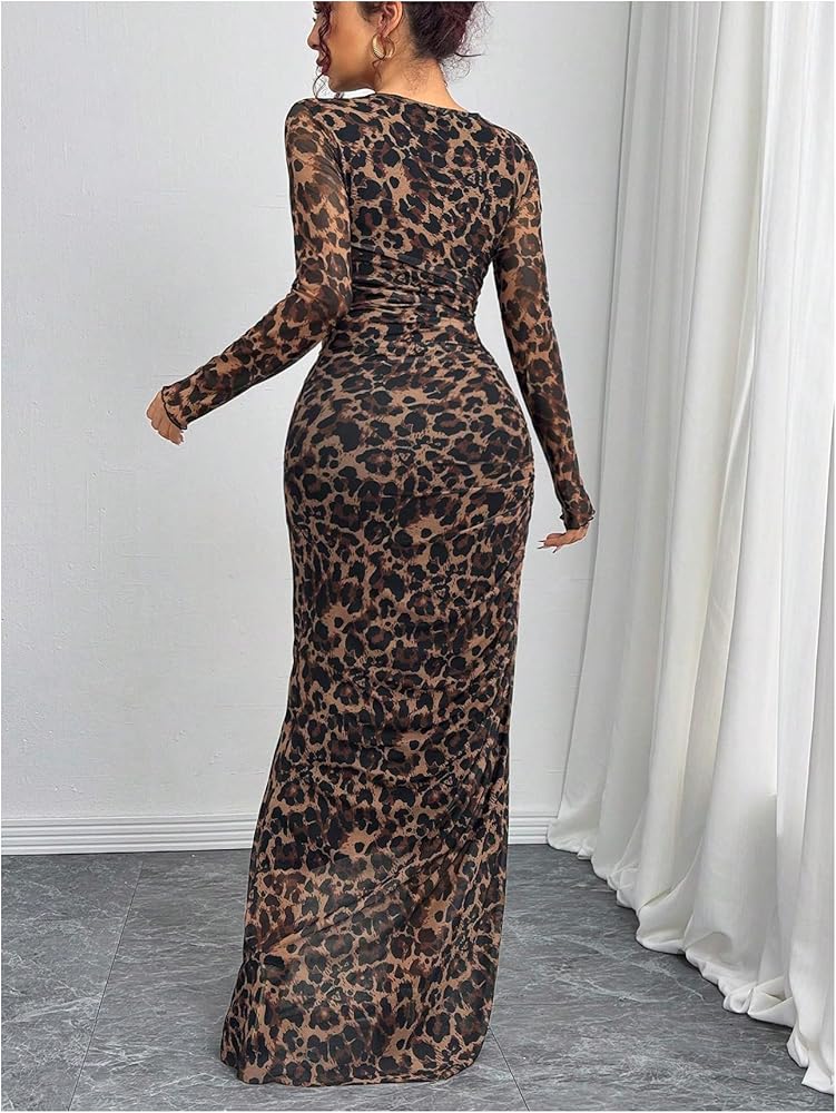BEAUDRM Women's Y2k Leopard Print Mesh Sheer Bodycon Maxi Dresses