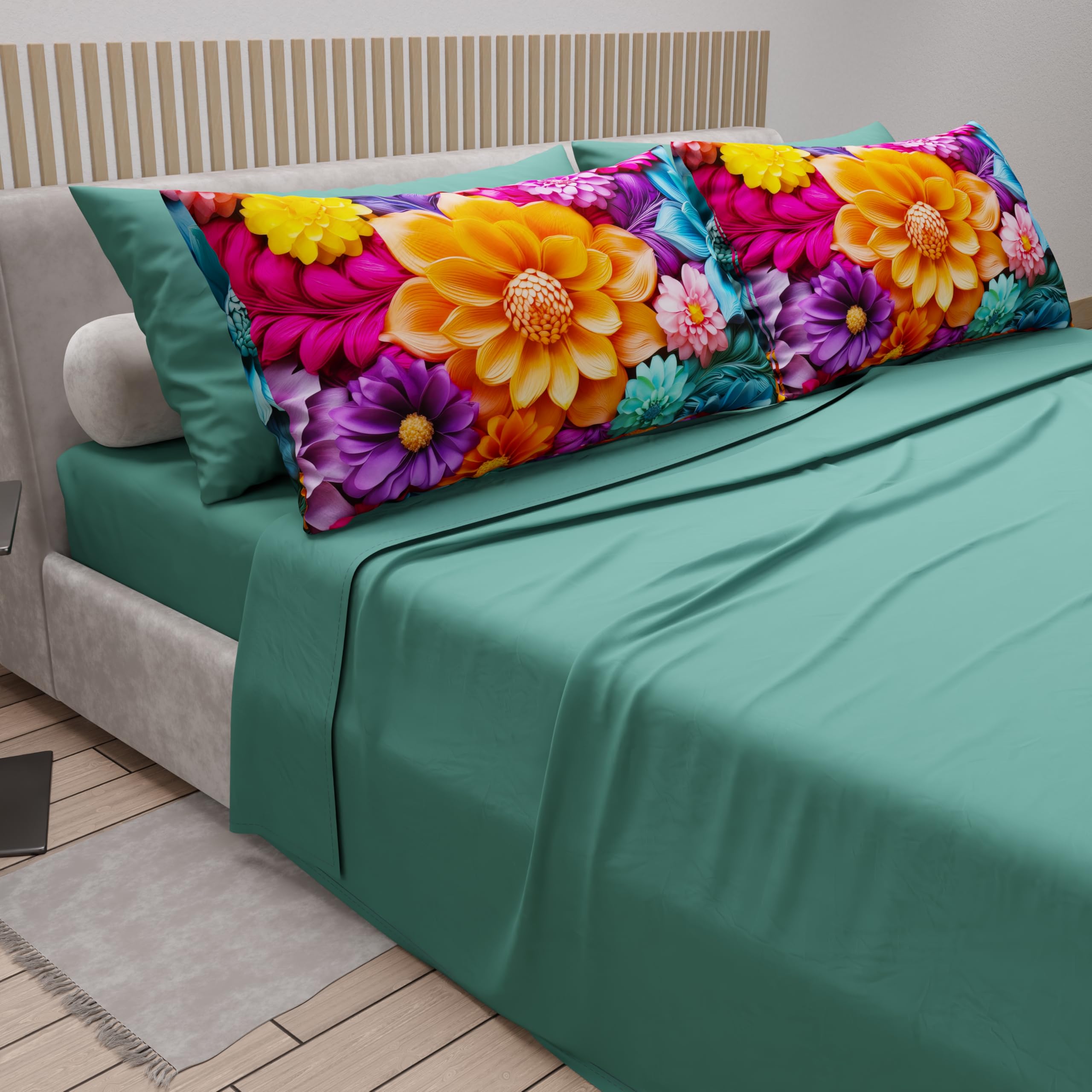 PETTI Artigiani Italiani, Cotton Sheets with Pillowcases in Digital Print, Single Bed Sheet, Single Bed Set, Floral 12 Teal - Image 2