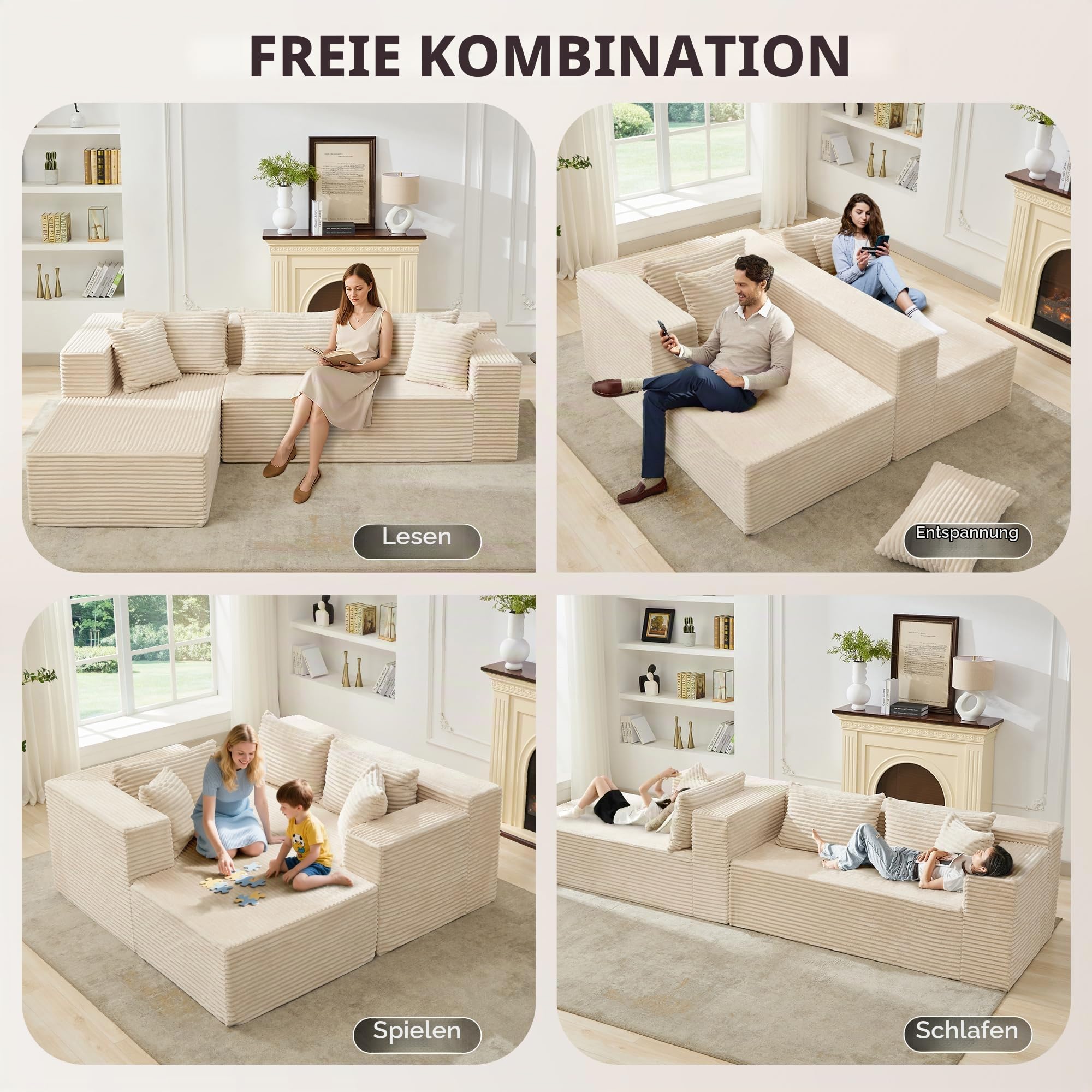GarveeHome Gemütliches Cloud Ecksofa – 106" Modulares L-förmiges Sofa für Wohnzimmer – Tiefe Sitzfläche, Boneless Design, linksseitige Chaise, Cord-Stoff, 5 Kissen, kein Aufbau nötig – Beige