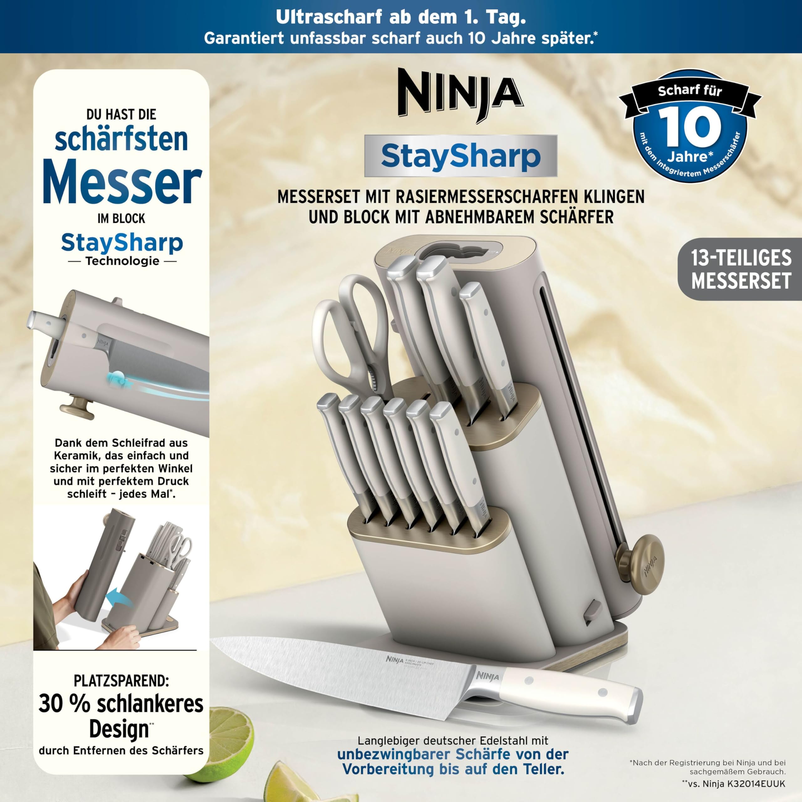 Ninja StaySharp 13-teiliges Messerblock-Set mit abnehmbarem Messerschärfer – Steingold NK32013EUUKSD1