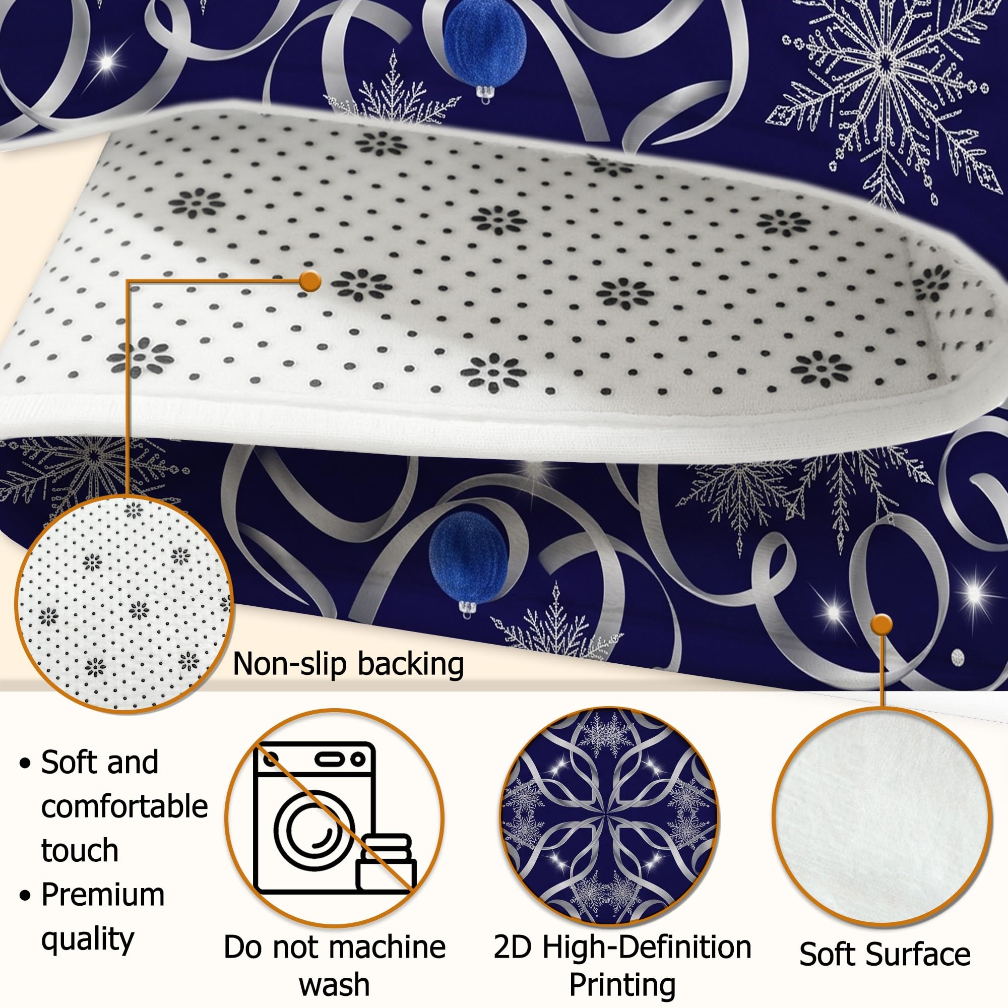 Elegante alfombra de Navidad con cinta plateada y copos de nieve y copos de
