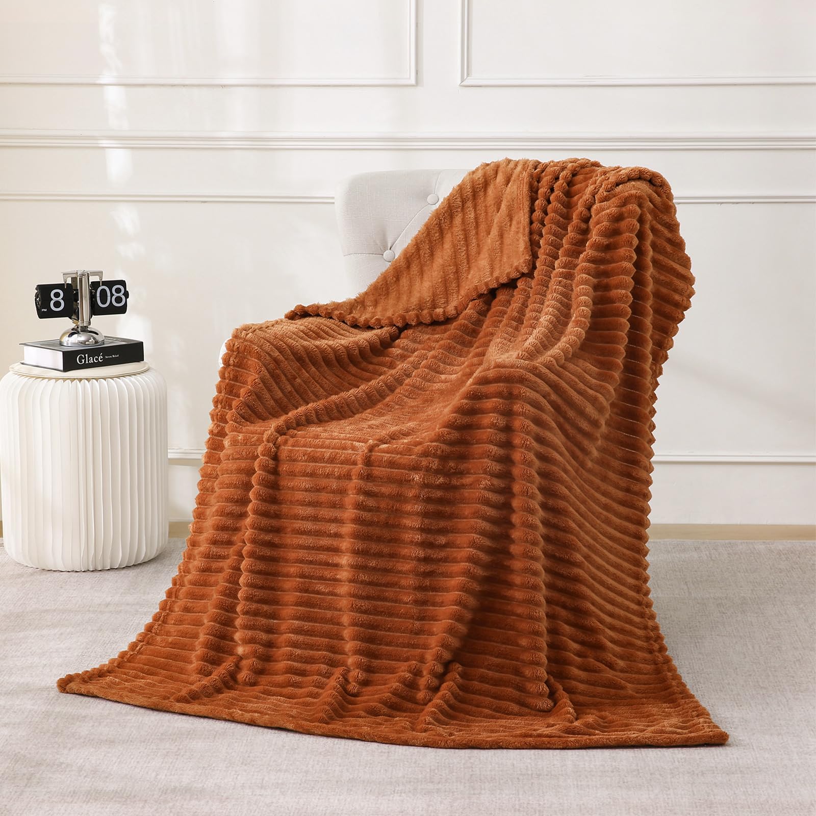 Linecooo Burnt Orange Fleece Throw Blanket 50”×70” for Couch Sofa Bed,Super Soft Cozy Plush Microfiber Flannel Blanket with Stripes Design Lightweight for Adults,Woman,Girls — image 1