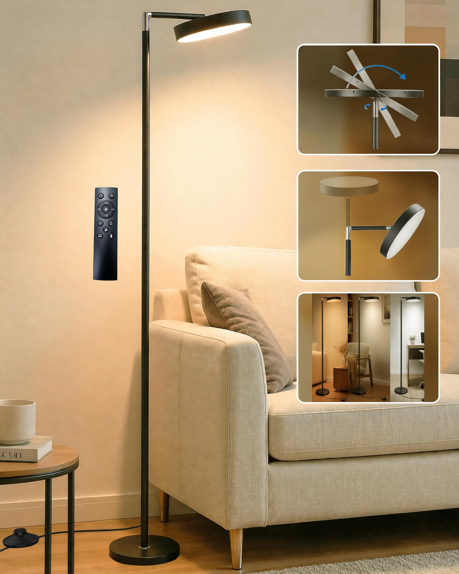 LED Stehlampe Wohnzimmer dimmbar mit Fernbedienung, Deckenfluter 163cm Höhe | 350° drehbarer Lampenkopf, Timer, Speicherfunktion, Kabel mit Fußschalter, schwarz, modern, für Wohnzimmer Schlafzimmer Büro