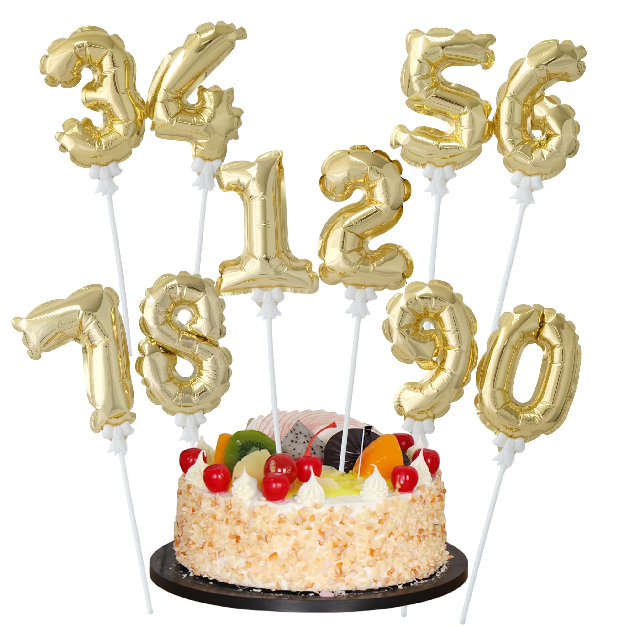 Photo 1 of [20 Pcs] 5" Gold mini number balloons on stick self-inflating small number foil balloons cake topper for Birthday Anniversary Valentine's Day Baby Shower Party Reusable Decorations