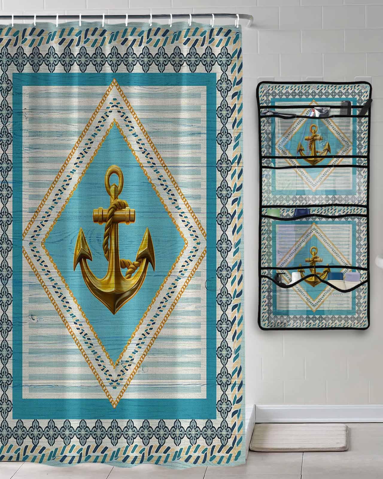 Decorative Shower Curtain Sets Yellow Anchor Fabric Waterproof Shower Curtains Nautical Vintage Rope Flowers Blue Green Stripe Mesh