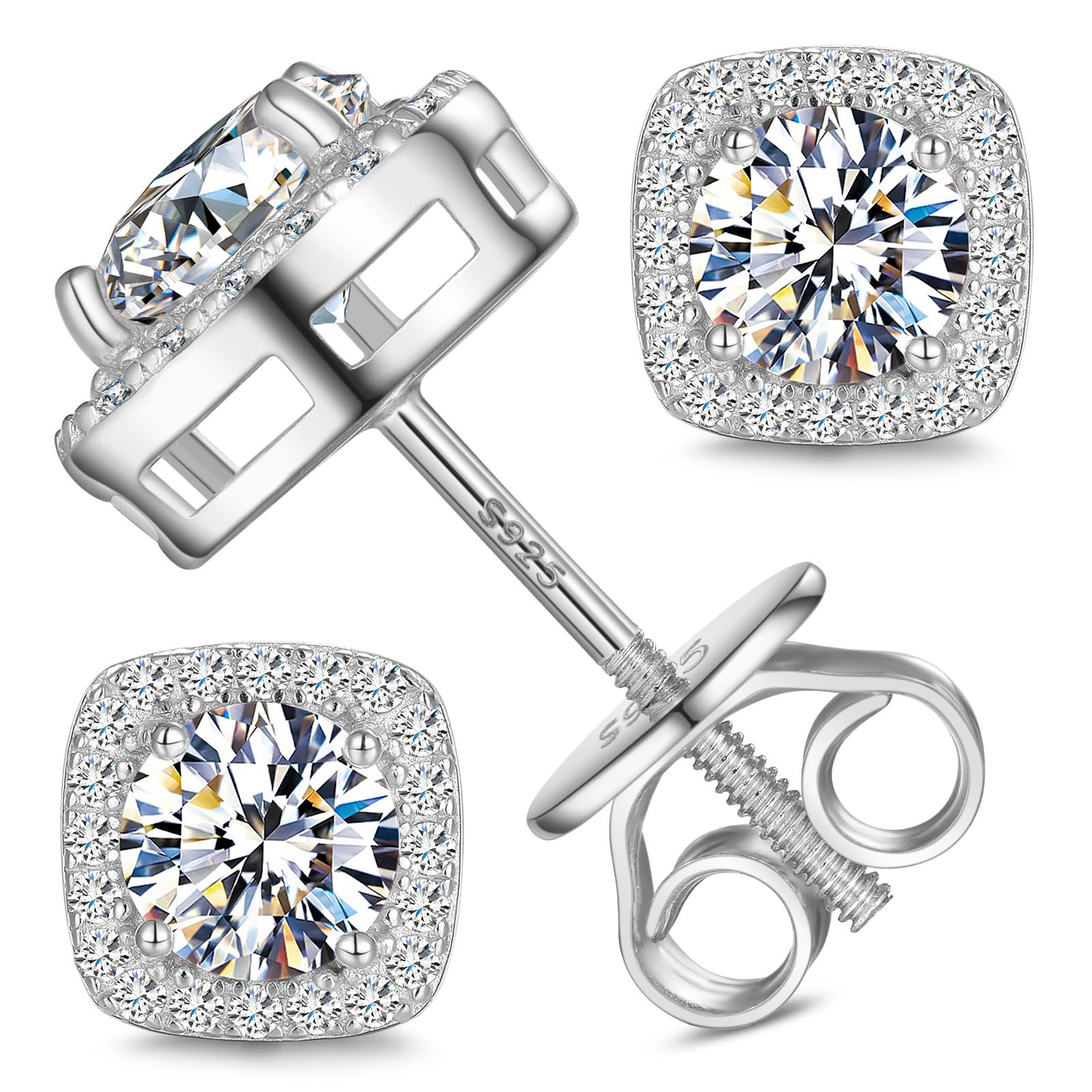 GugotsMoissanite Halo Square Stud Earrings Screw Back 925 Sterling Silver Lab Brilliant D Color VVS1 Clarity Hypoallergenic Earrings for Women Men