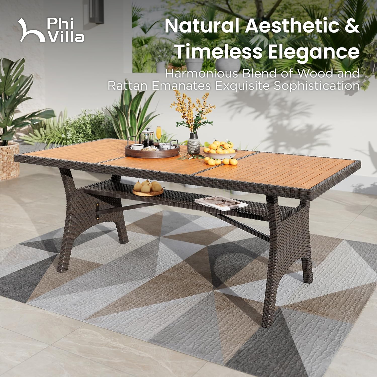 PHI VILLA Outdoor Dining Set for 6, Rectangular Rattan Table with Acacia Wood Top & Wicker Chairs with Cushions, 74” Large Modern Furniture Set for Patio, Deck, Backyard, Porch