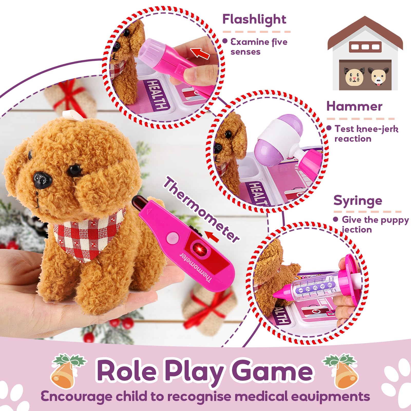 HYAKIDS Kit Veterinario Bambini Giocattolo, Set Valigetta Dottore con Peluche Cane e Luci e Suoni, Giochi di Imitazione, Regalo per Ragazze Ragazzi 3 4 5 Anni