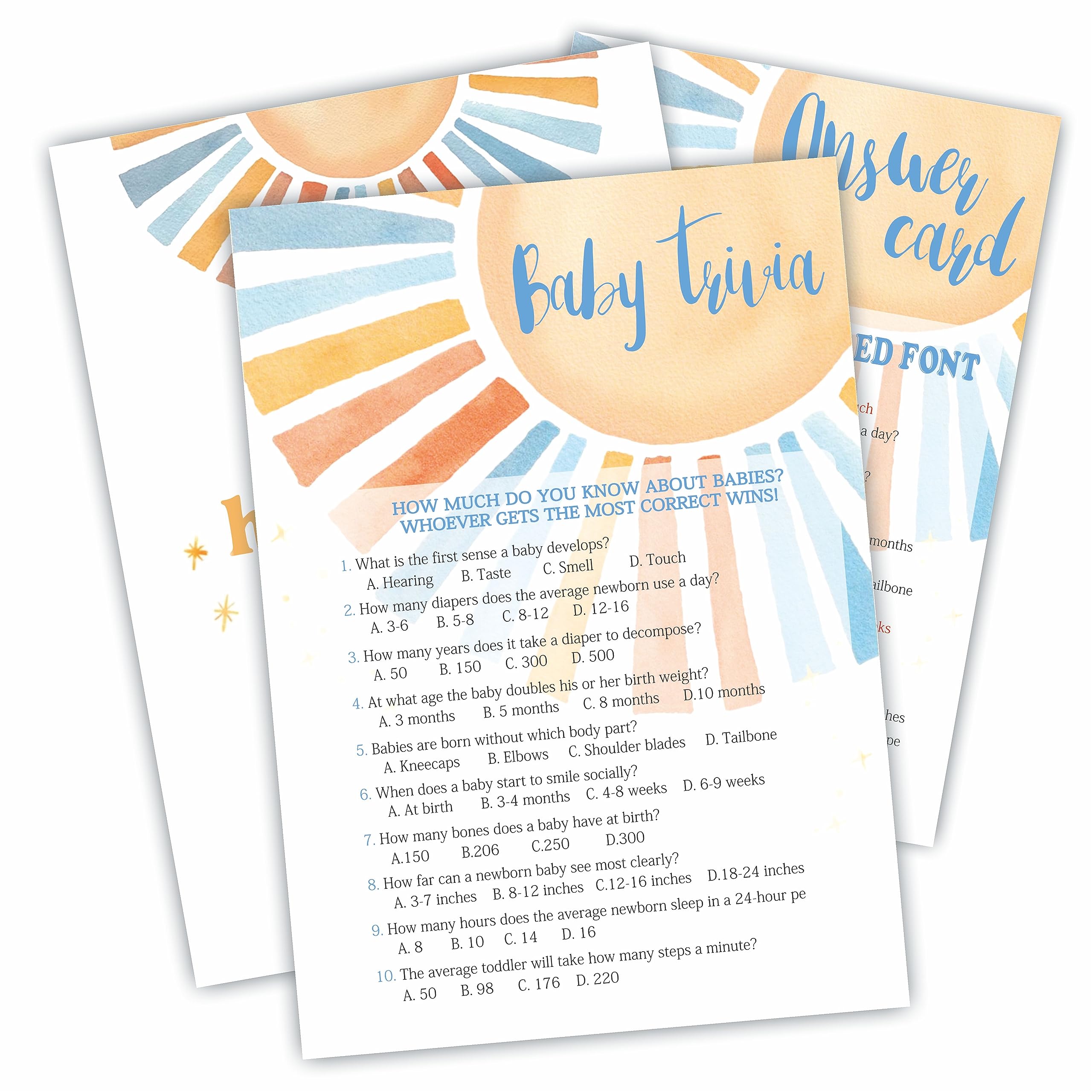 Baby Trivia Game Set - Retro Sunshine Theme Baby Shower Party Activities - Watercolor Sun Baby Shower Game Kit, Gender Reveal, Baby Announcement Party Favor & Supplies - A06