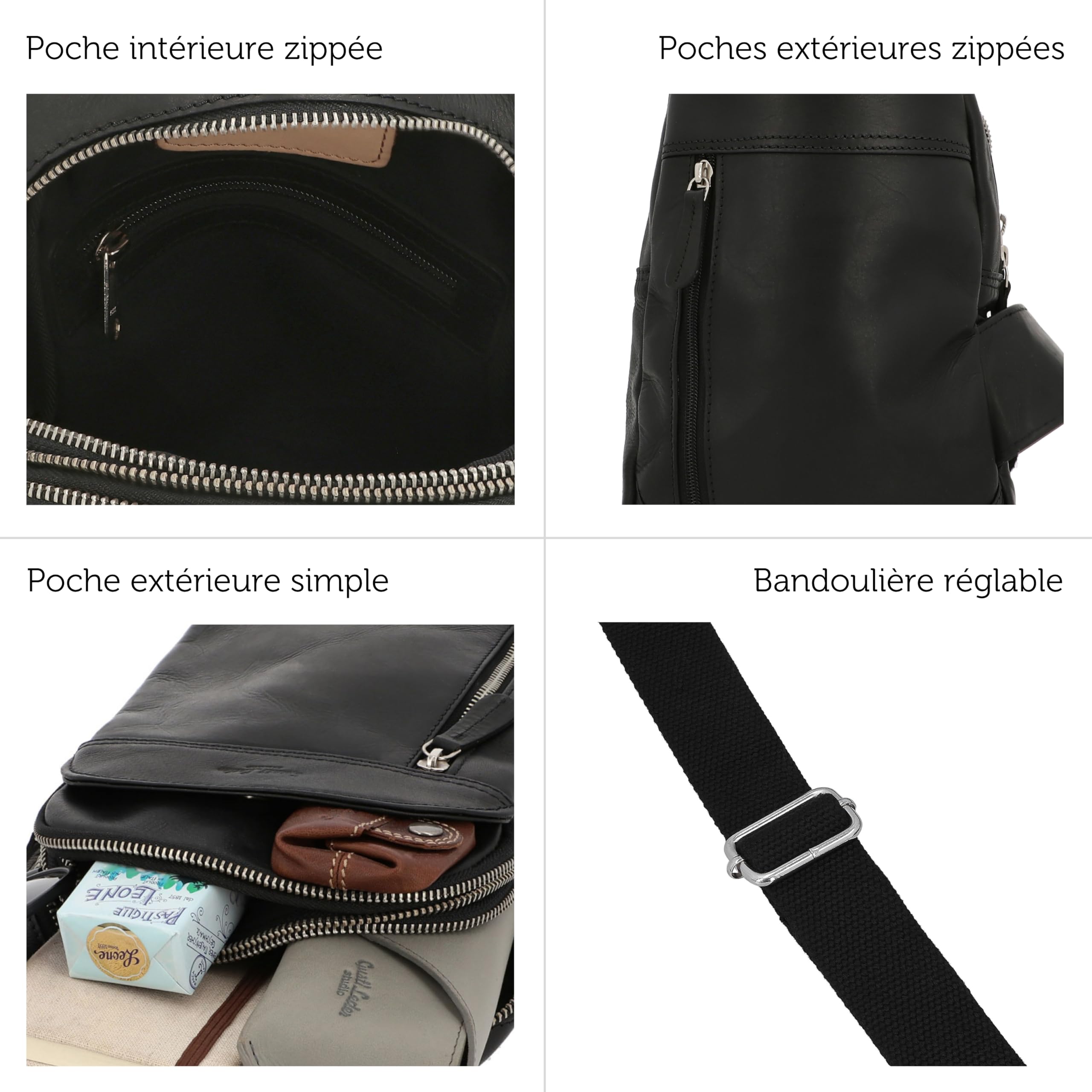 Gusti Sac en Cuir Azon Tannage végétal Sac Banane Sac ventral Sac en Cuir Slingpack Noir